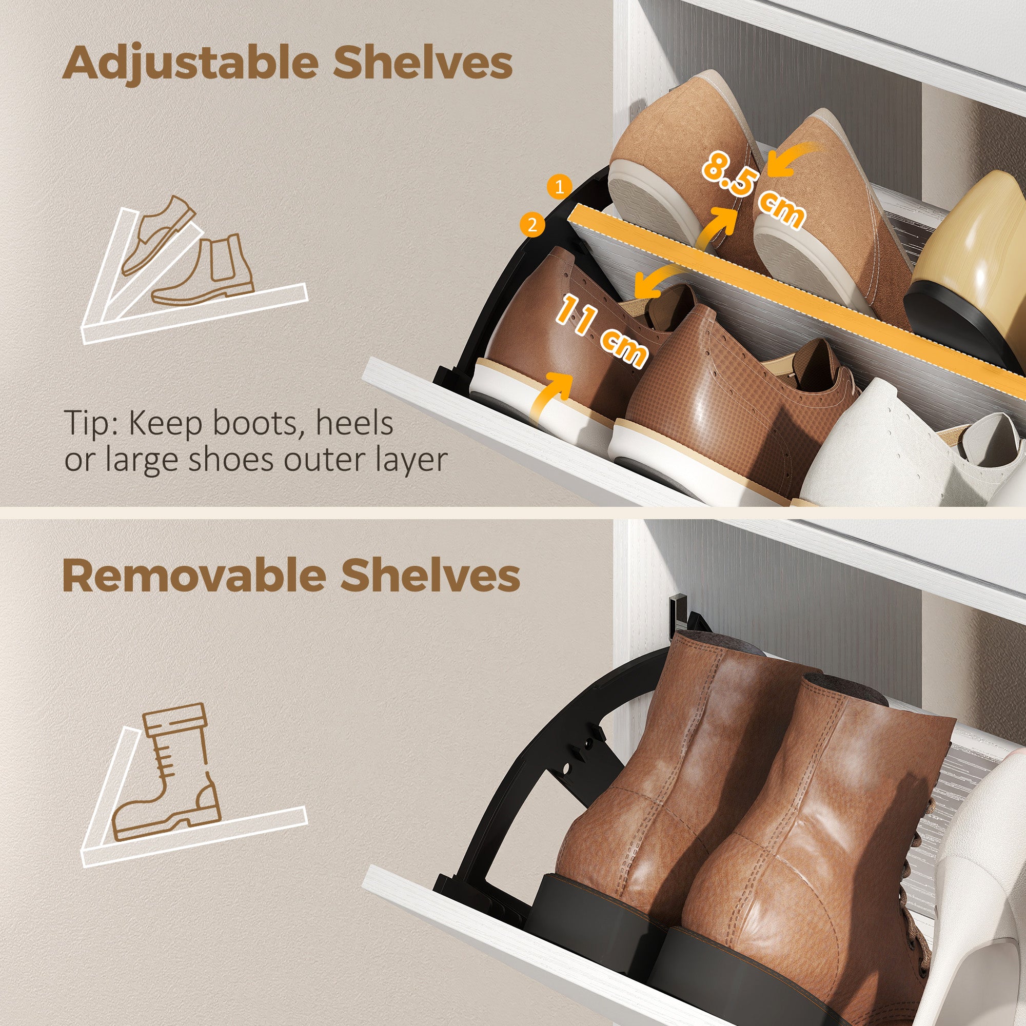 Slim Shoe Cabinet with 2 Flip Compartments, Leather-Effect Doors, 2 Cupboards & Adjustable Shelves, Soft-Close for Hallway & Entry — White