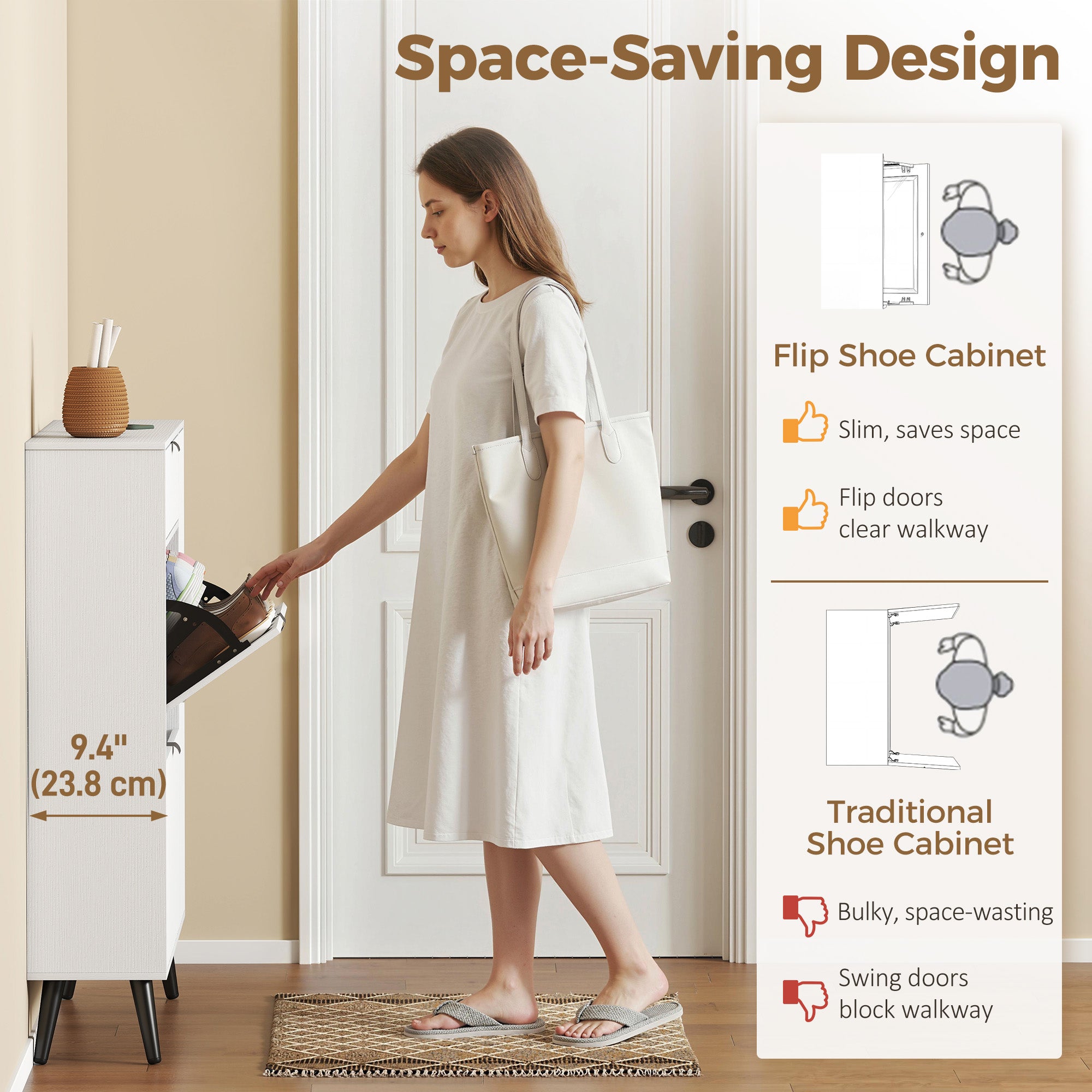 Slim Shoe Cabinet with 2 Flip Compartments, Leather-Effect Doors, 2 Cupboards & Adjustable Shelves, Soft-Close for Hallway & Entry — White