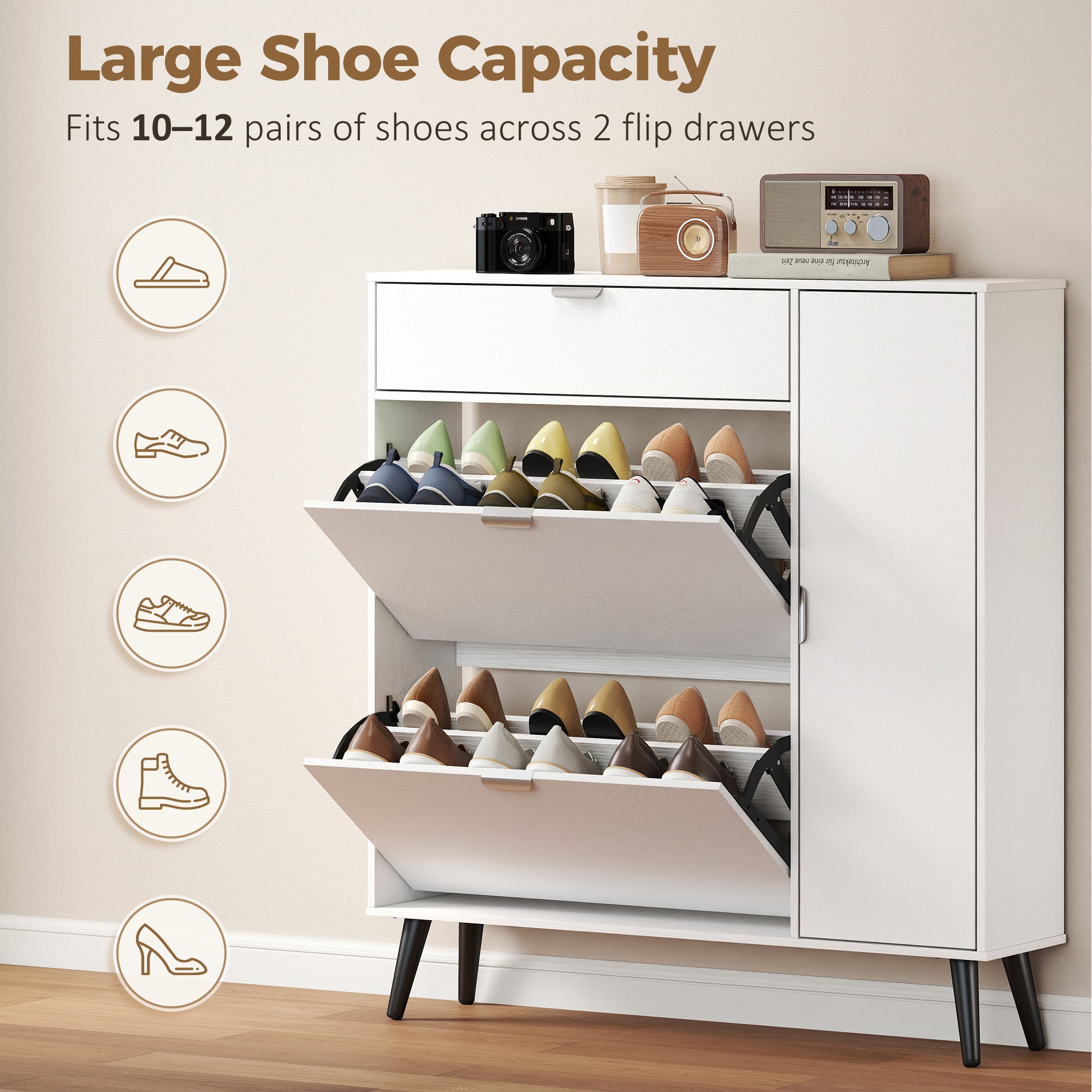 Slim Shoe Cabinet with 2 Flip Compartments, Leather-Effect Doors, 2 Cupboards & Adjustable Shelves, Soft-Close for Hallway & Entry — White