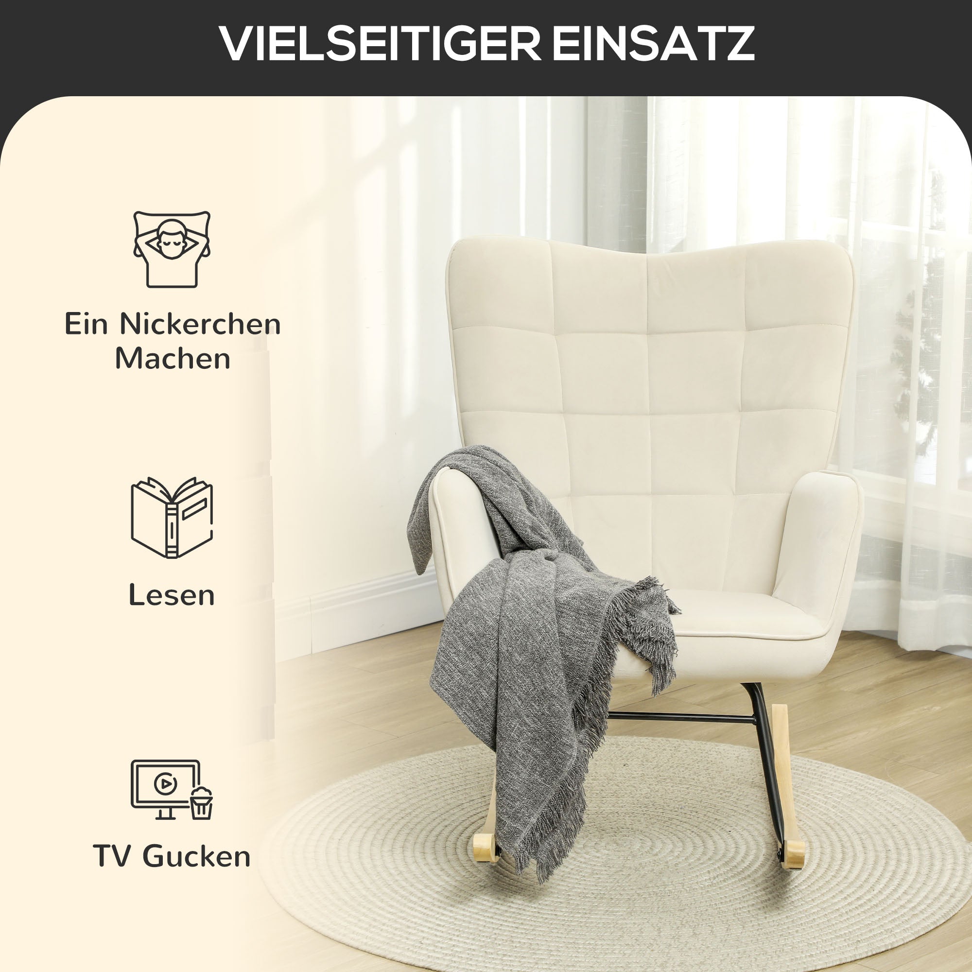 Schaukelstuhl, Schaukelsessel mit Samtoptik, Armlehne, Gepolsterter Sessel mit Holzkufen, Relaxsessel für Wohnzimmer, Schlafzimmer, bis 120kg belastbar, Beige