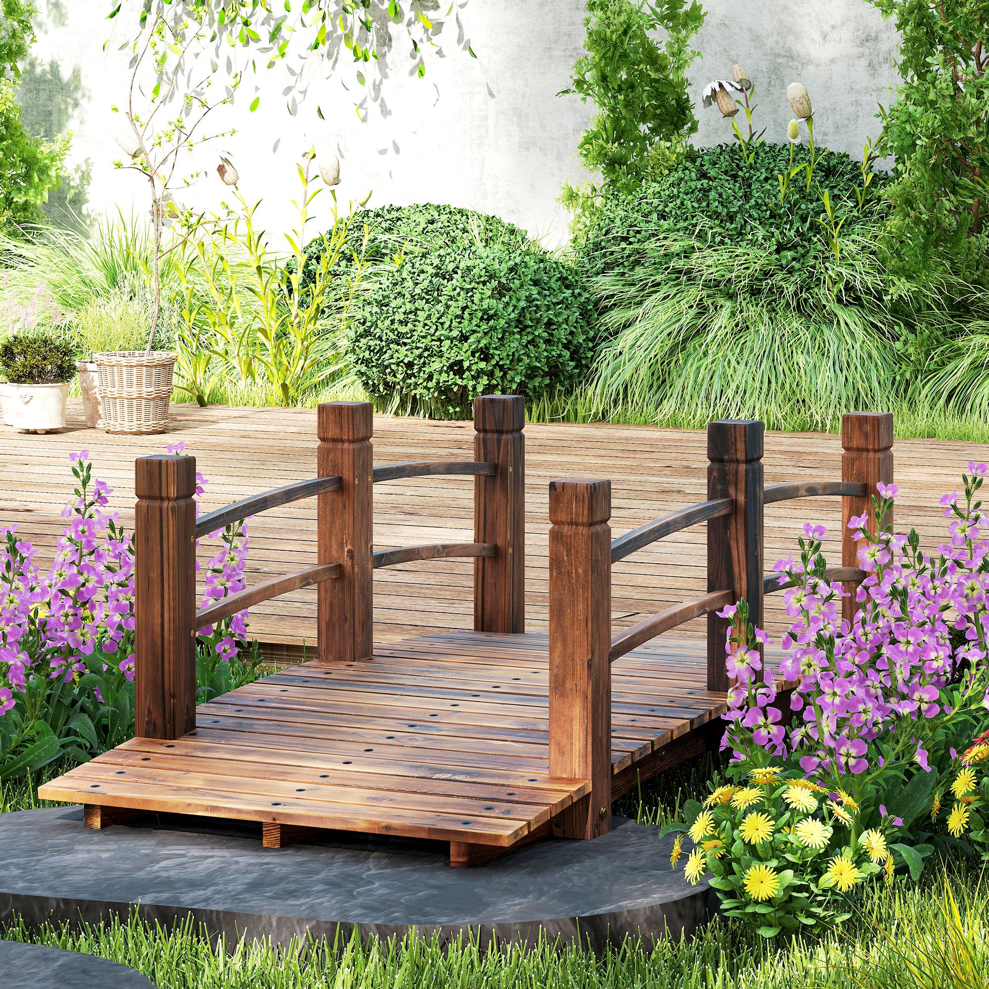 Garden Bridge Wooden Bridge with Railing Bridge for Pond Load 181 kg Decorative Bridge for Patio 152.5x67x48 cm Charred Wood