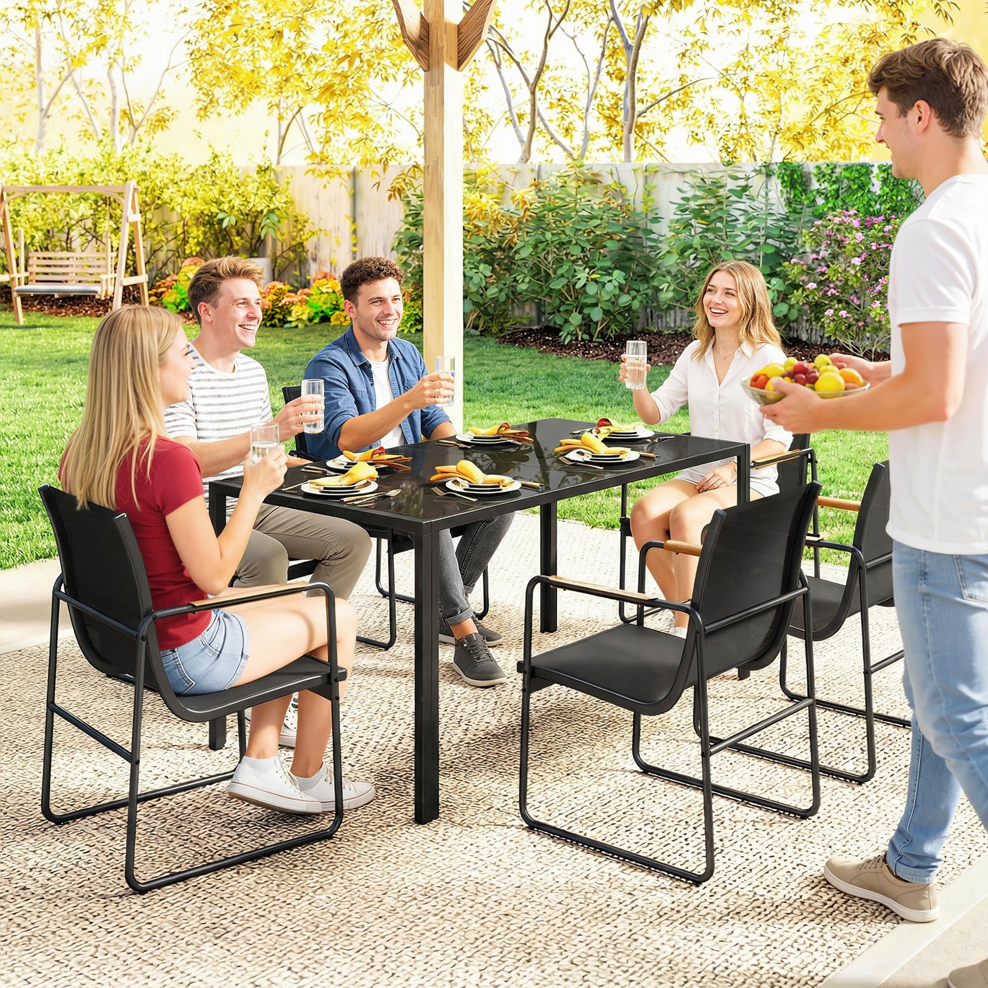 7-Piece Outdoor Dining Set — 59.1" x 31.5" Tempered Glass Table with 6 Breathable Mesh Chairs, Weather-Resistant, Black