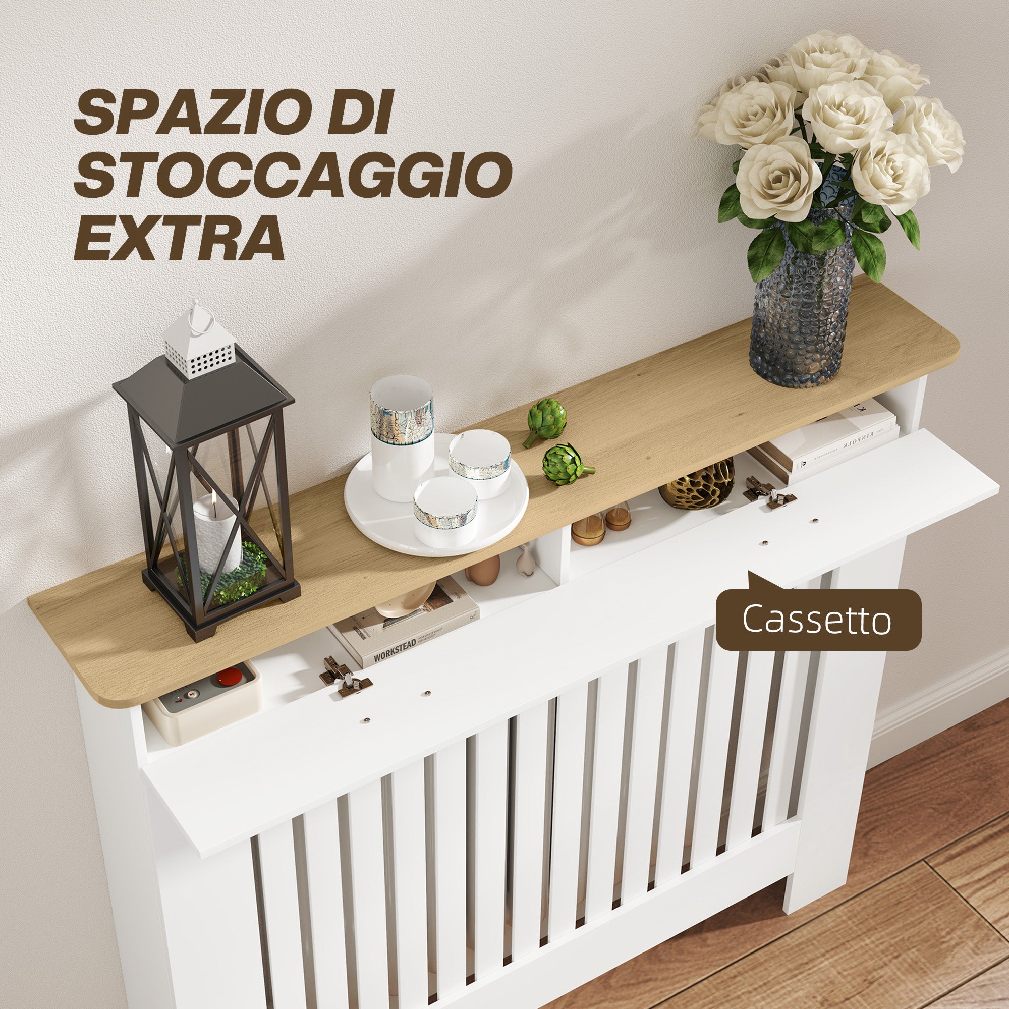 Radiator Cover with Anti-Tip Slats and Drawer, Wood Radiator Cover, 112x19x97 cm, White