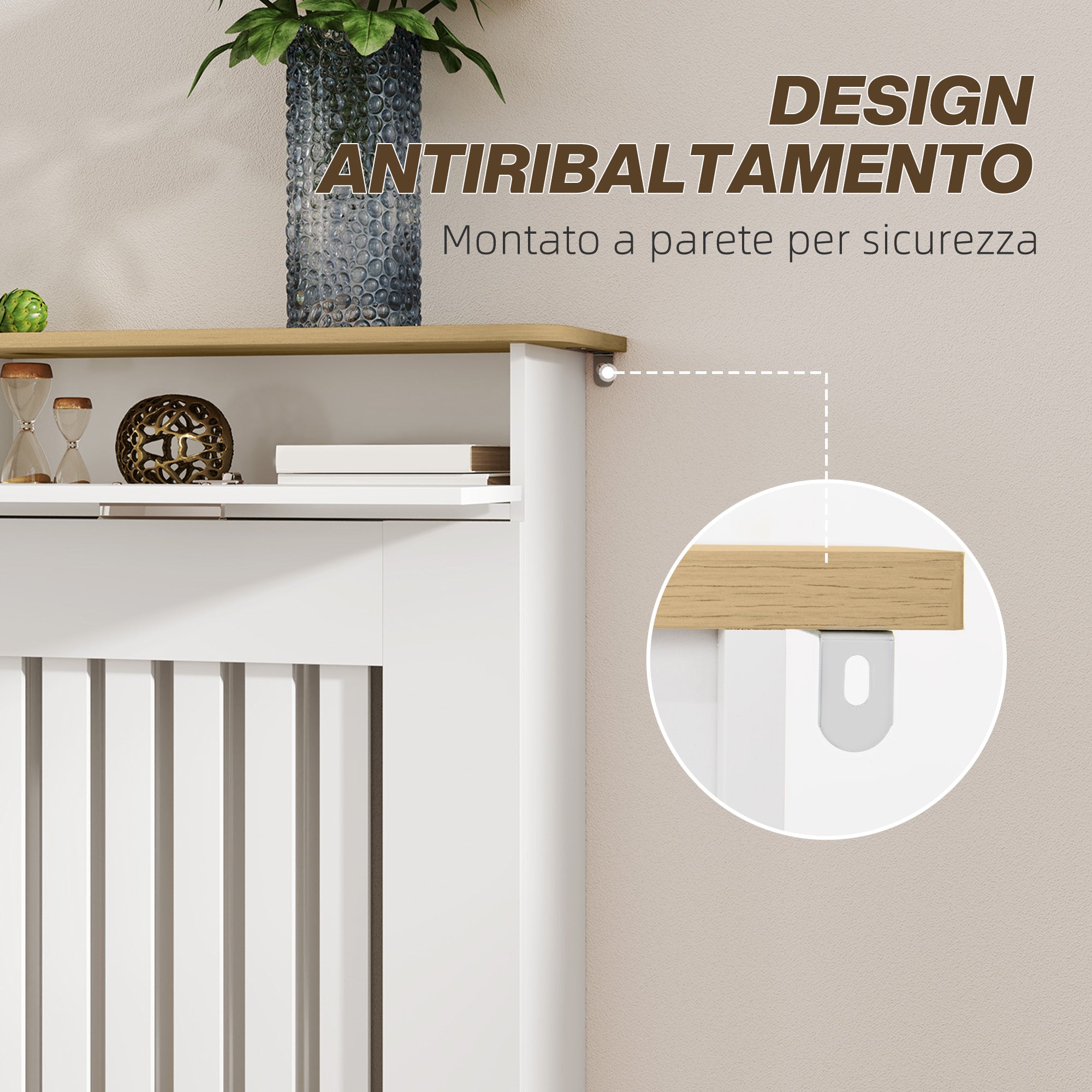 Radiator Cover with Anti-Tip Slats and Drawer, Wood Radiator Cover, 112x19x97 cm, White