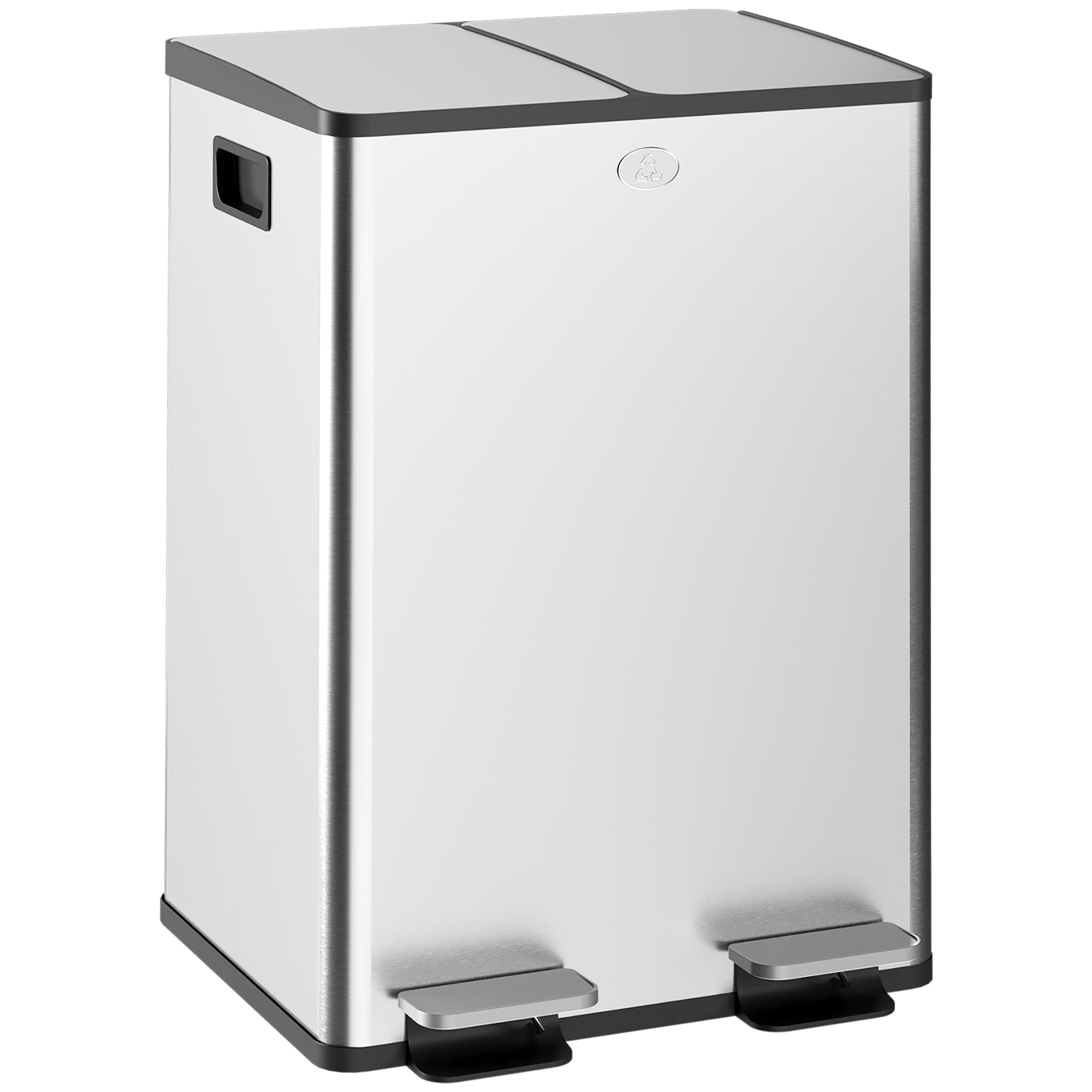 Double Kitchen Trash Can, 2 x 28L, Stainless Steel Pedal Trash Can, 2 Soft-Close Lids, Removable Inner Buckets, Smudge-Proof Handles 45.8x36x67.6cm