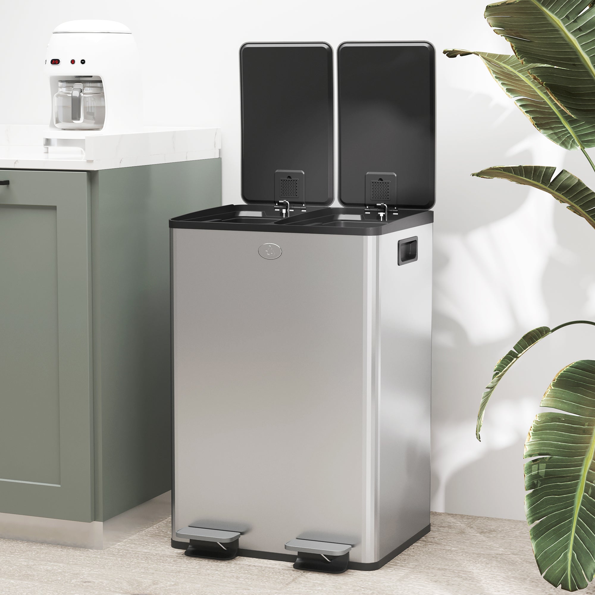 Double Kitchen Trash Can, 2 x 28L, Stainless Steel Pedal Trash Can, 2 Soft-Close Lids, Removable Inner Buckets, Smudge-Proof Handles 45.8x36x67.6cm