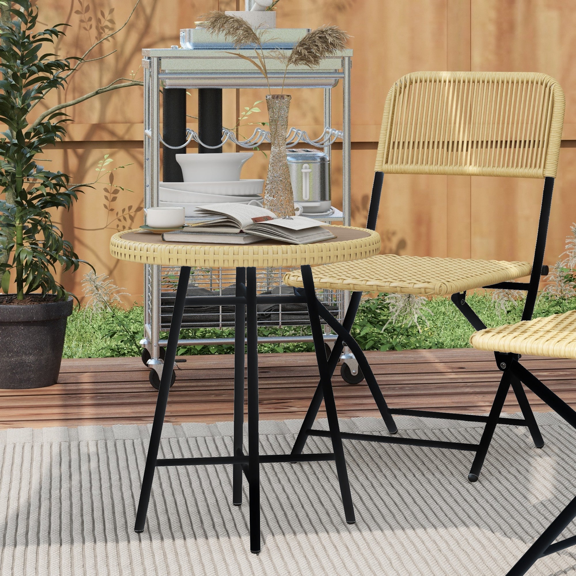 Outdoor Coffee Table with X Frame and Wood Plastic Top, Steel Table for Indoor and Outdoor, 50x50x55 cm, Black and Wood Color
