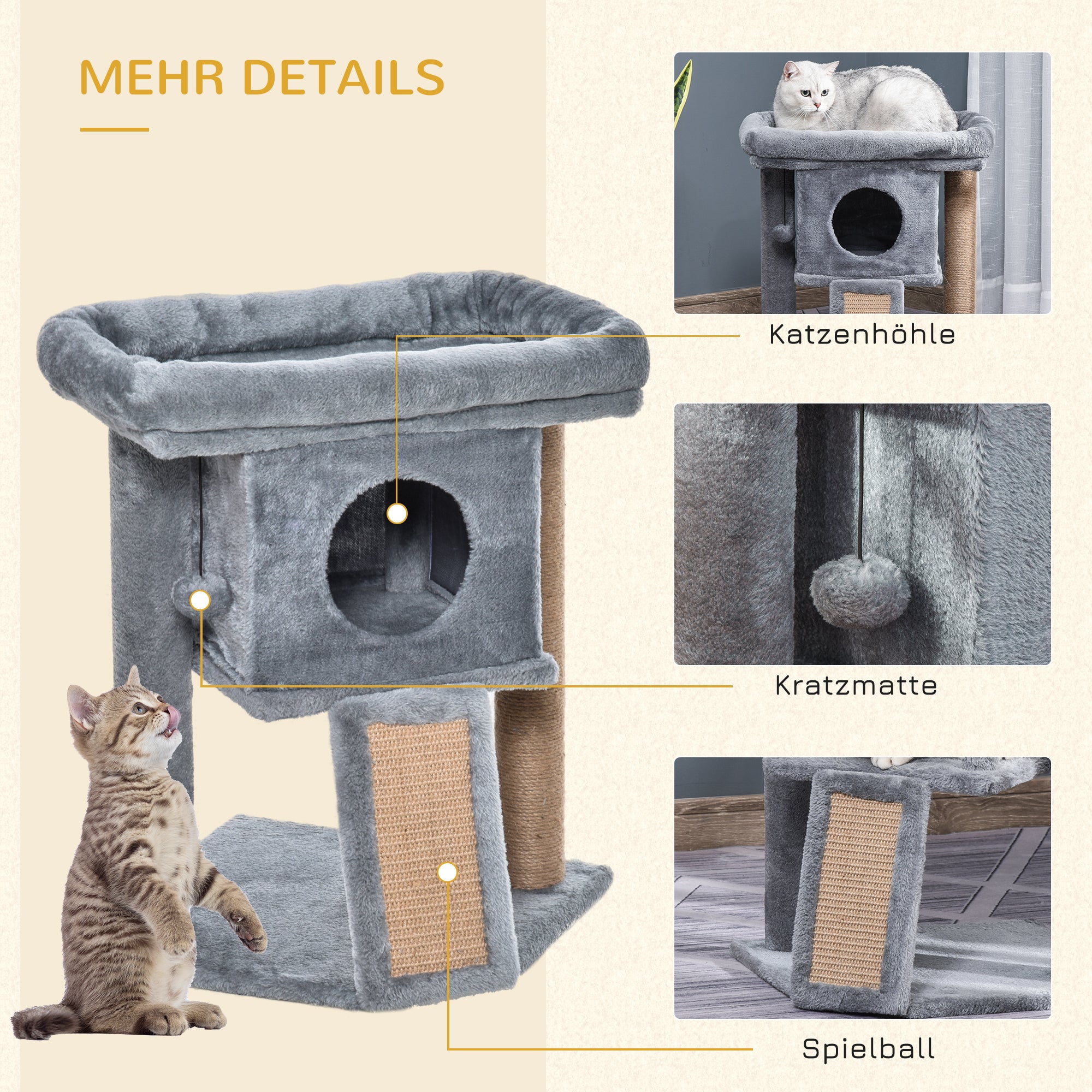 Scratching Post 57 cm Small Cat Tree with Cat Cave, Lounging Platform, Cat Scratching Post with Scratch Pad, Play Ball, Cat Furniture for Cats up to 5 kg Light Gray