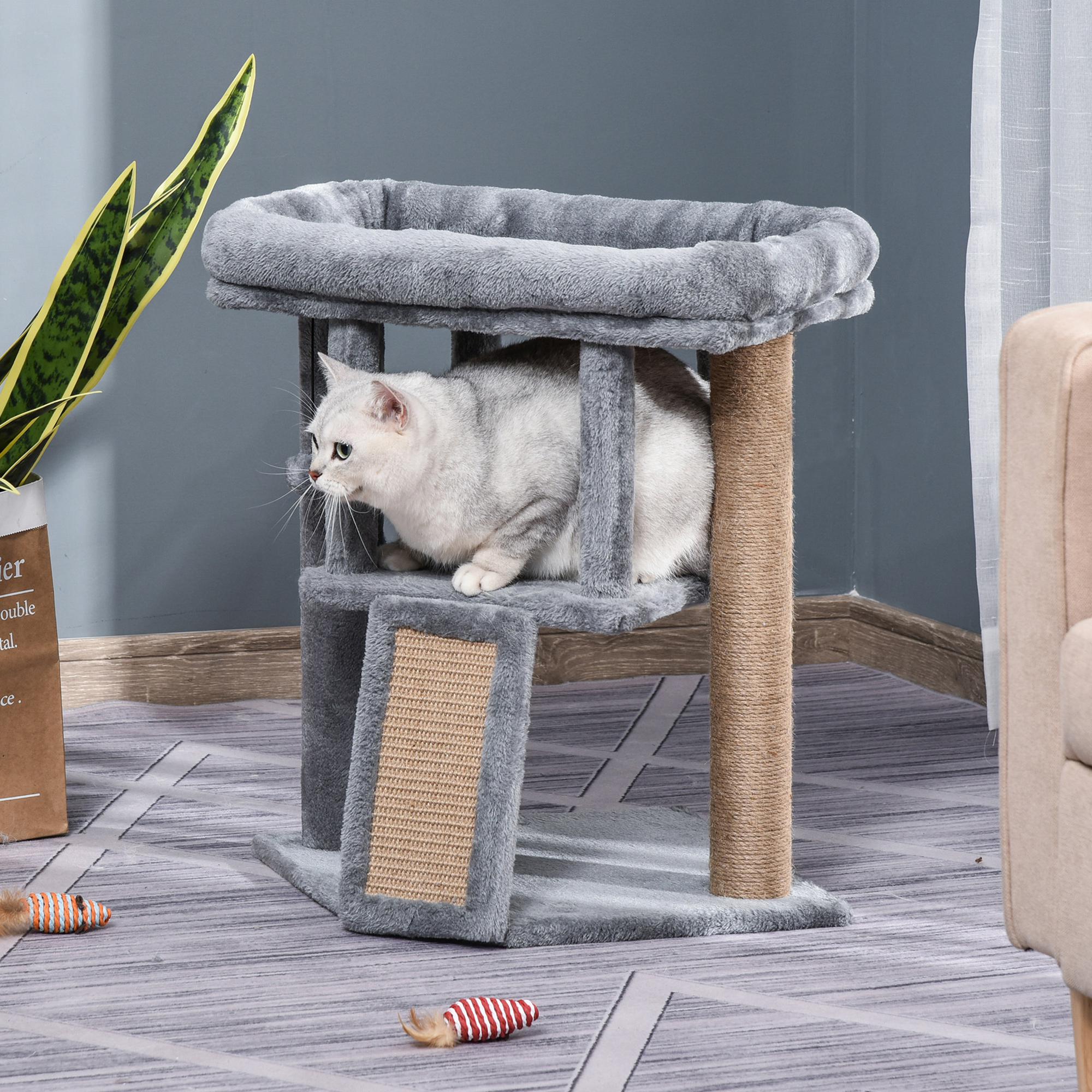 Scratching Post 57 cm Small Cat Tree with Cat Cave, Lounging Platform, Cat Scratching Post with Scratch Pad, Play Ball, Cat Furniture for Cats up to 5 kg Light Gray