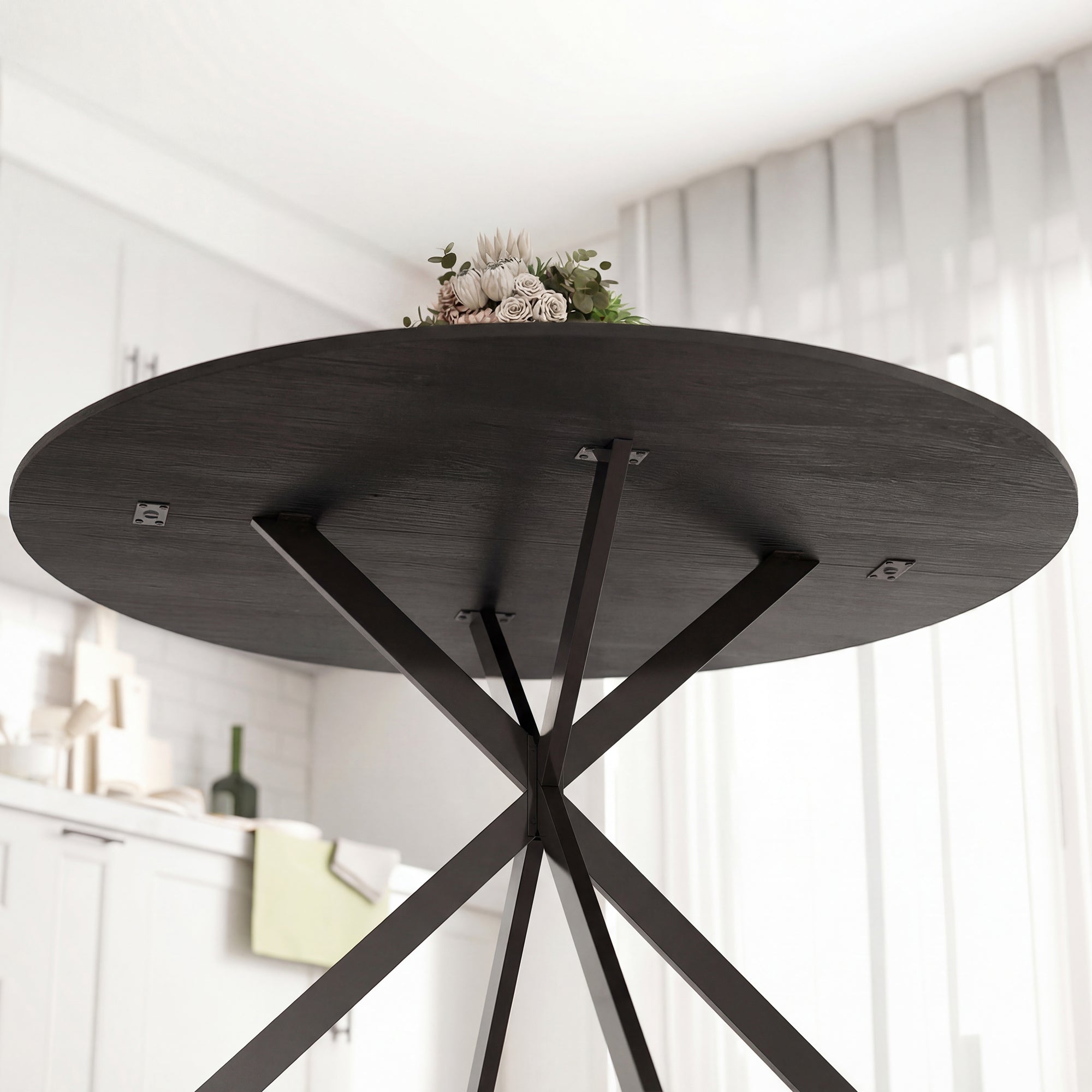 Round Dining Table for 4, 39.4 in Ø Industrial Style with Steel Legs for Dining Room, Kitchen, Home Office, Black
