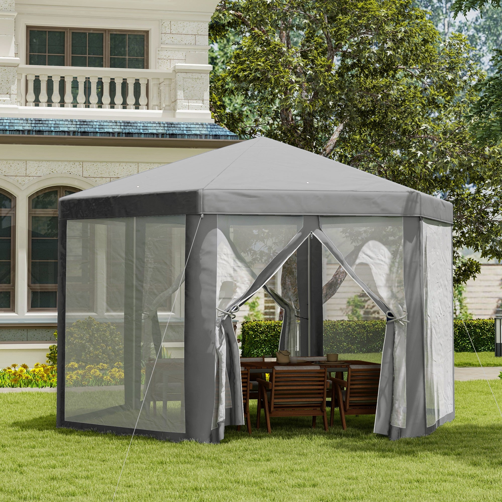 Hexagonal Cozy Style Metal Polyester Gray Barnum Reception Tent Gazebo