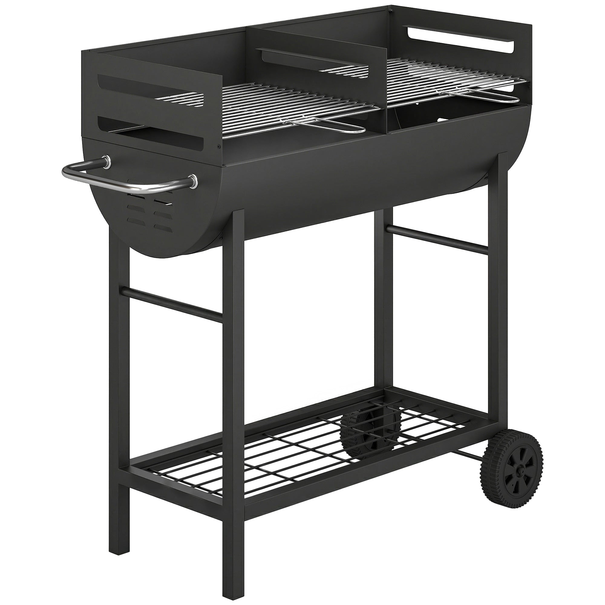 Charcoal Grill Cart with 2 Cooking Zones, Height-Adjustable Grates, Wood Shelf & Wheels – Portable Charcoal Grill for Patio, Picnic, Party (103 x 46.5 x 100 cm / 40.6" x 18.3" x 39.4") Black