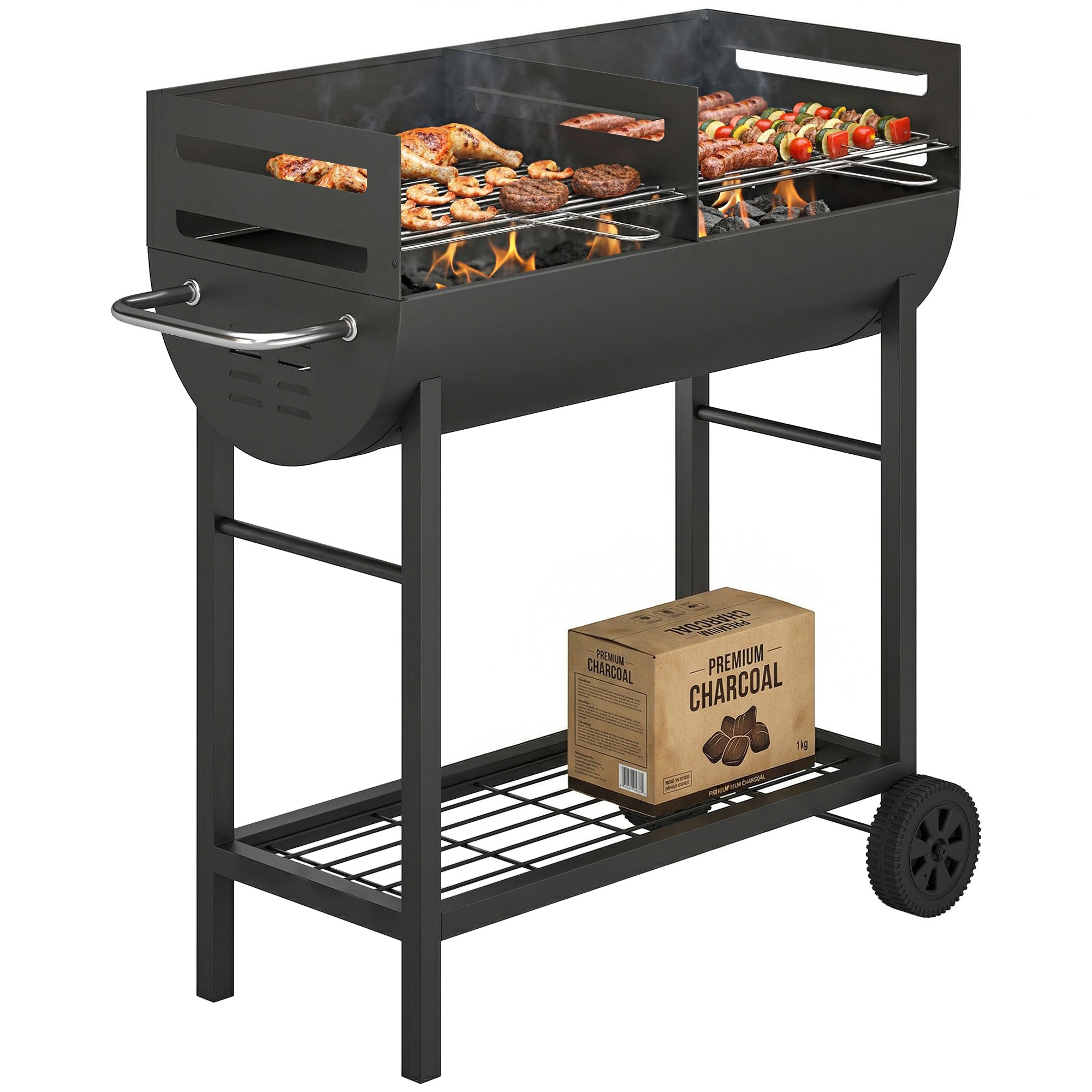 Charcoal Grill Cart with 2 Cooking Zones, Height-Adjustable Grates, Wood Shelf & Wheels – Portable Charcoal Grill for Patio, Picnic, Party (103 x 46.5 x 100 cm / 40.6" x 18.3" x 39.4") Black