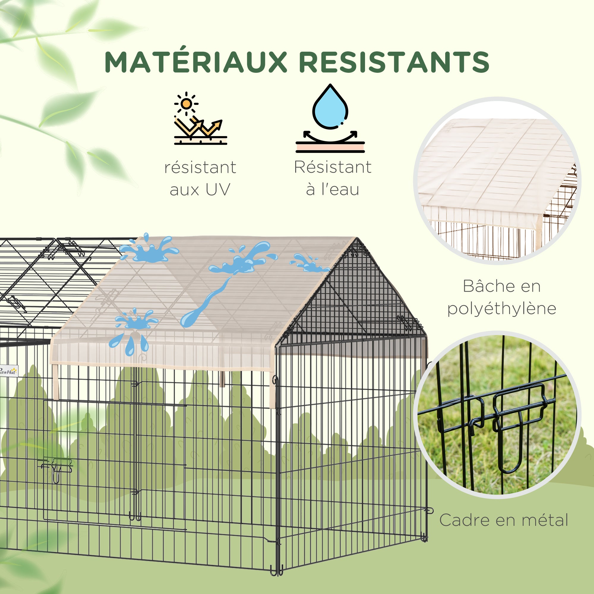 Small Animal Fence Pet Cage Galvanized Metal Frame 4 Ground Stakes Included 220 x 103 x 103 cm Black and Beige