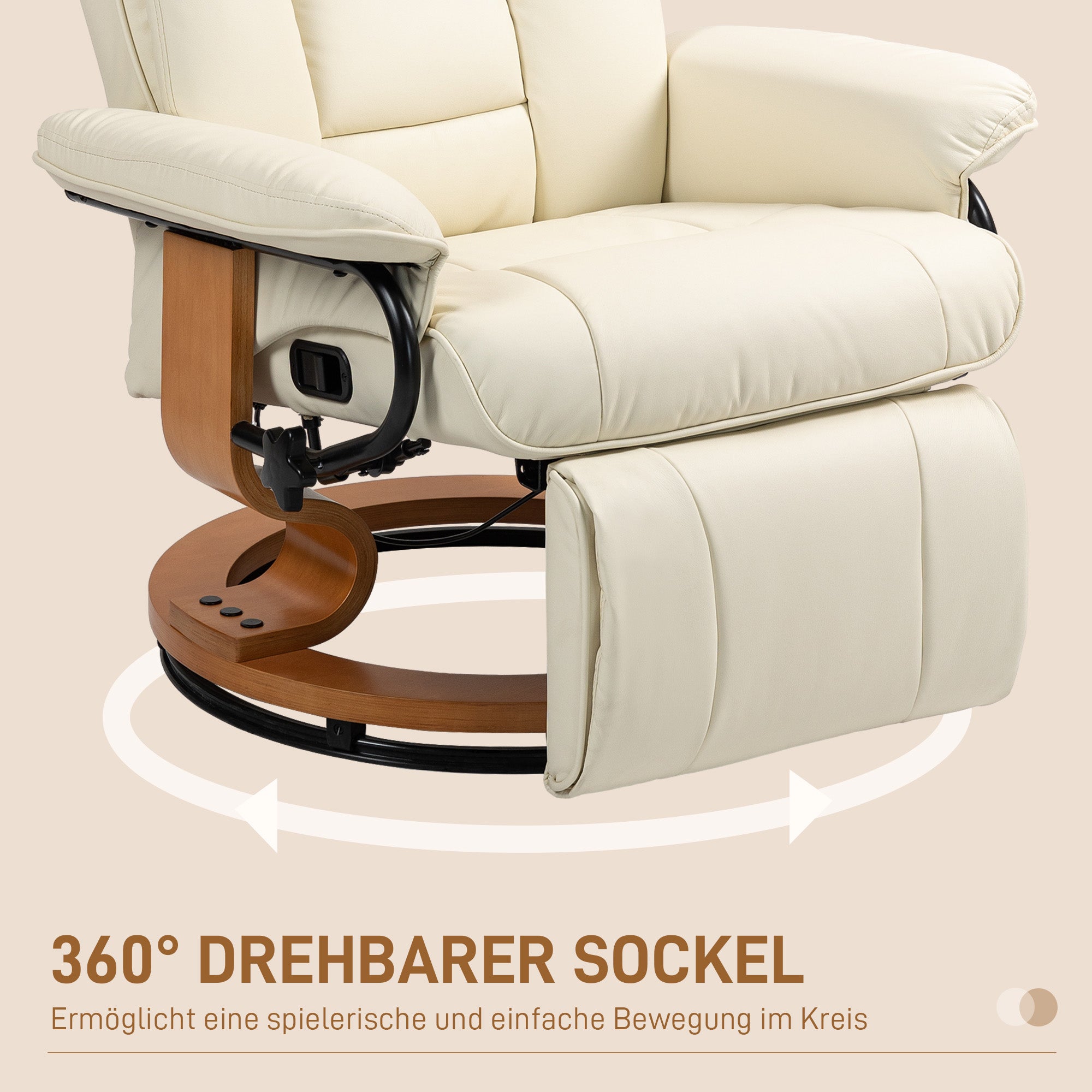 Recliner TV Chair with Reclining Function, Swivel Armchair with Adjustable Backrest Lounge Chair up to 150 kg Load Capacity, Faux Leather, Cream