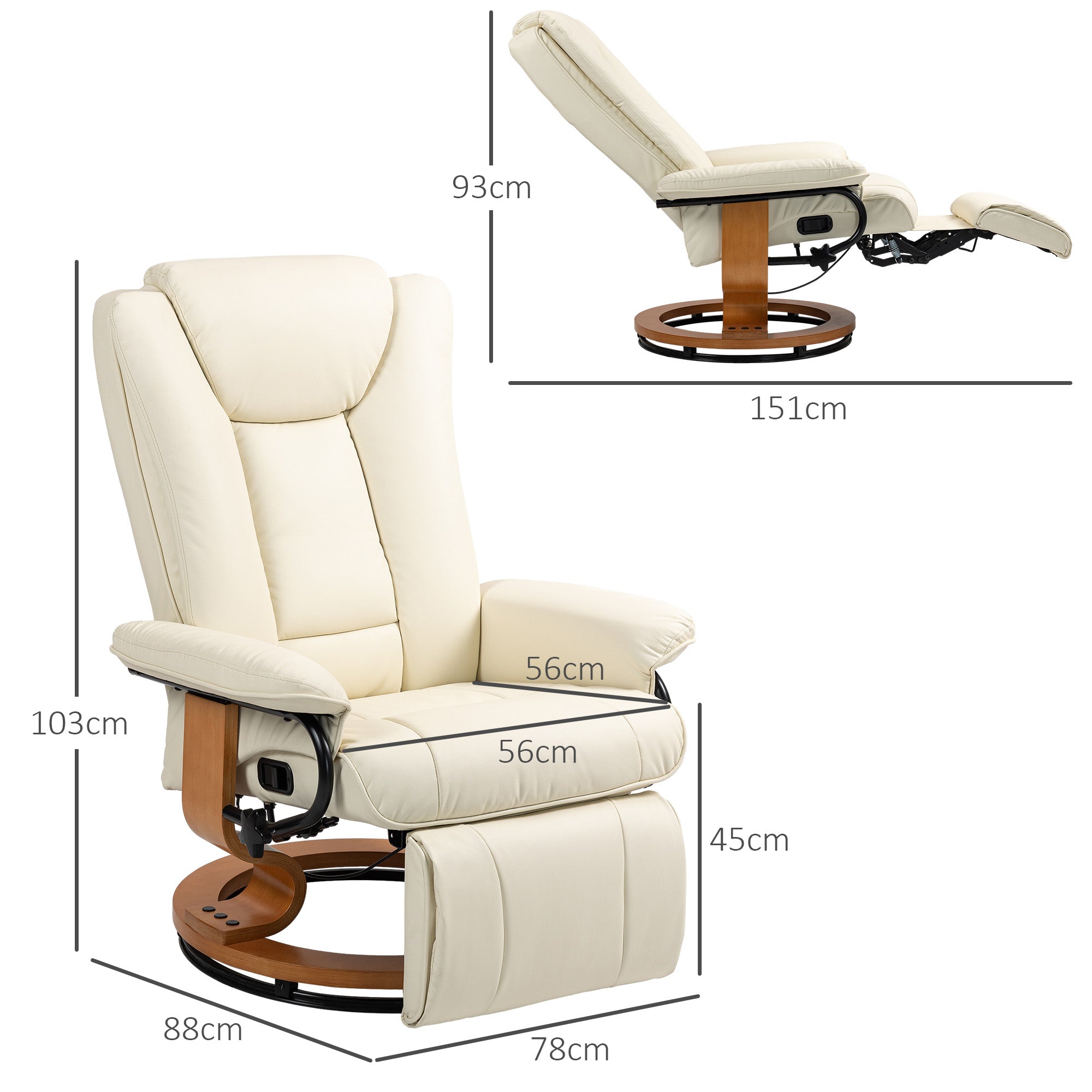 Recliner TV Chair with Reclining Function, Swivel Armchair with Adjustable Backrest Lounge Chair up to 150 kg Load Capacity, Faux Leather, Cream