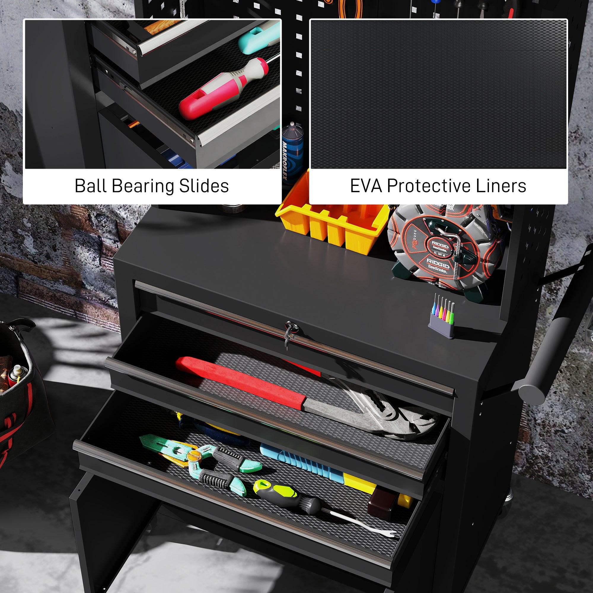 3-Drawer Steel Workshop Cart with Lockable Wheels, Adjustable Shelf & Pegboard - Black