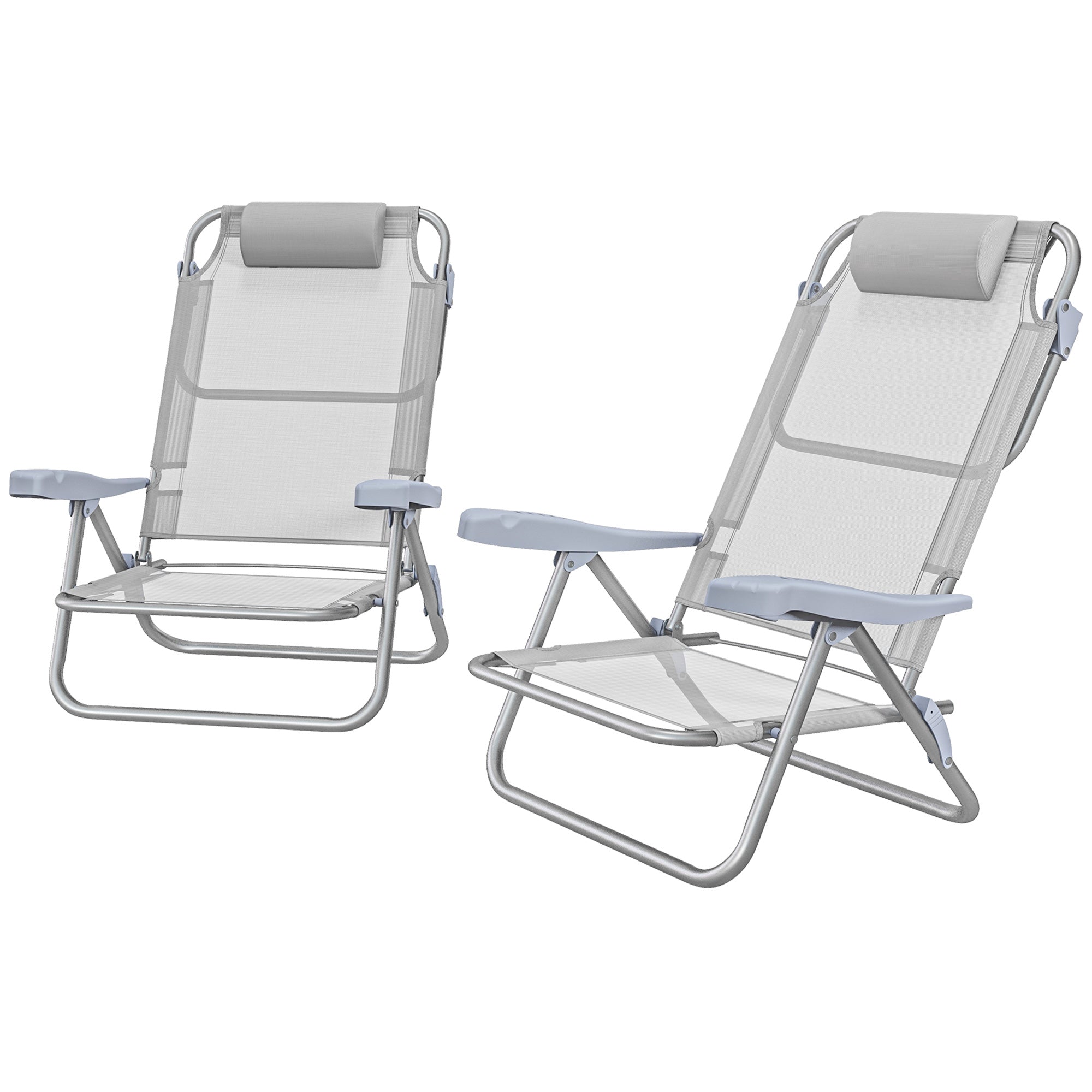 Set of 2 Folding Garden Chairs Portable Fishing Chair Camping Chair 6-Level Reclining Backrest Headrest - Aluminum dim. 62L x 65W x 80H cm Gray