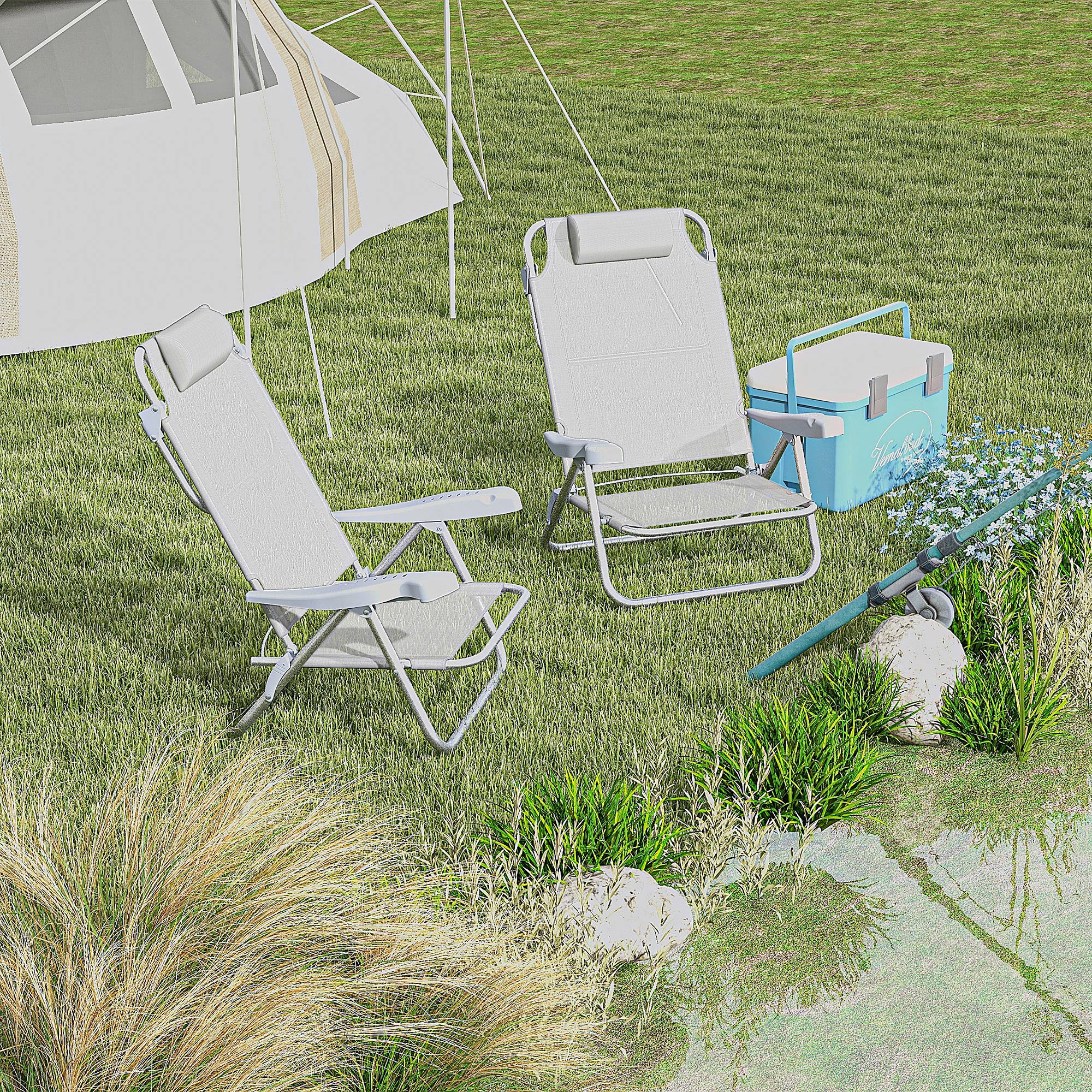 Set of 2 Folding Garden Chairs Portable Fishing Chair Camping Chair 6-Level Reclining Backrest Headrest - Aluminum dim. 62L x 65W x 80H cm Gray