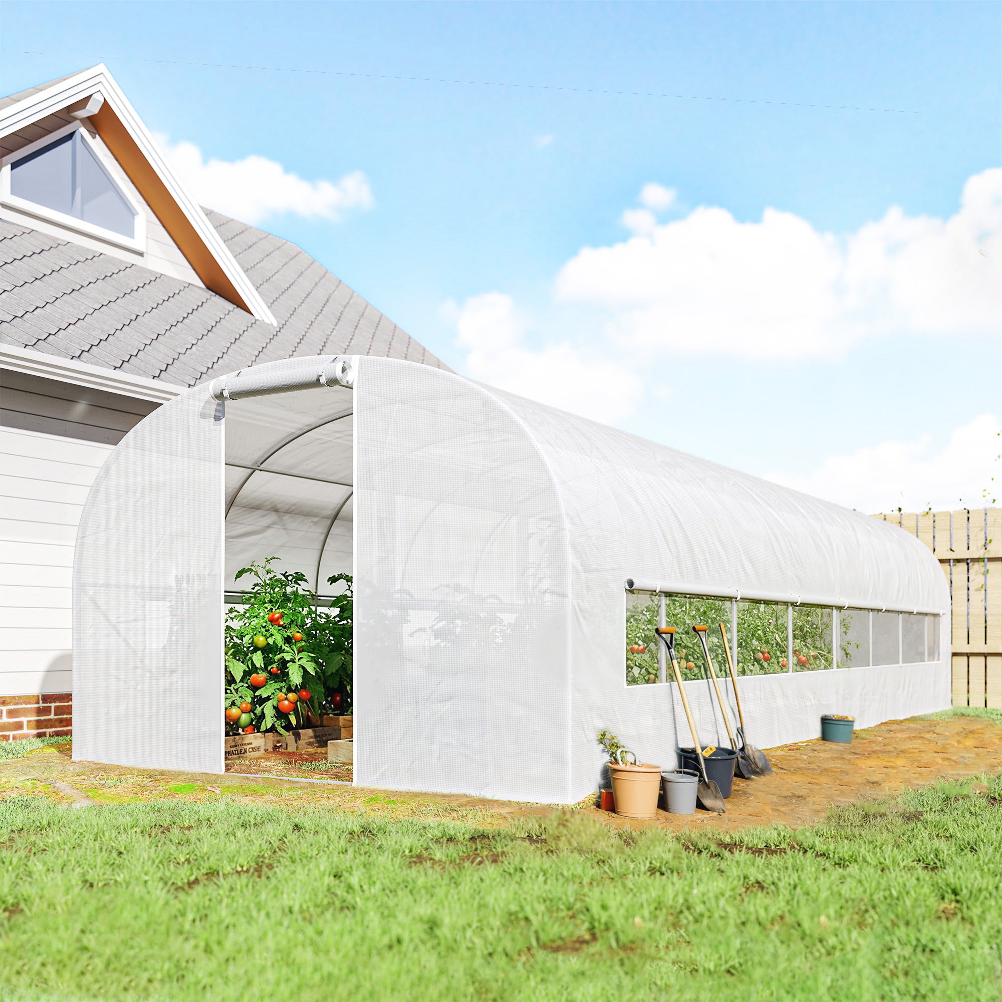 24 m² (258 sq ft) Tunnel Greenhouse — Galvanized Steel Frame, Roll-Up Doors & 2 Large Mesh Windows, 140 gsm PE Cover, White
