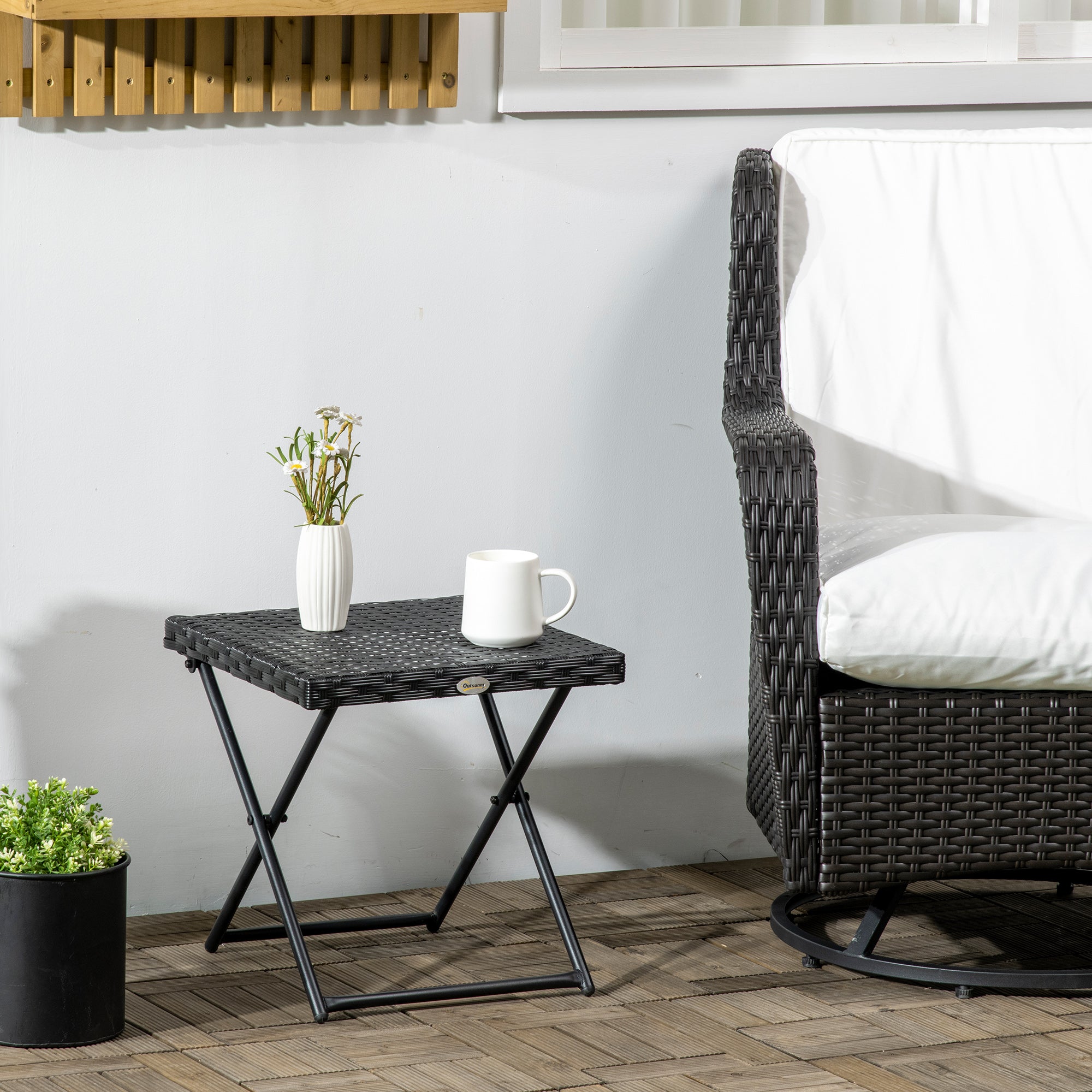 Folding Side Table made of Poly Rattan Coffee Table Couch Table Tray Balcony Table Garden Table Side Table Tea Table Garden Furniture Rattan Table for Garden Terrace Balcony, 40x40x40cm Black