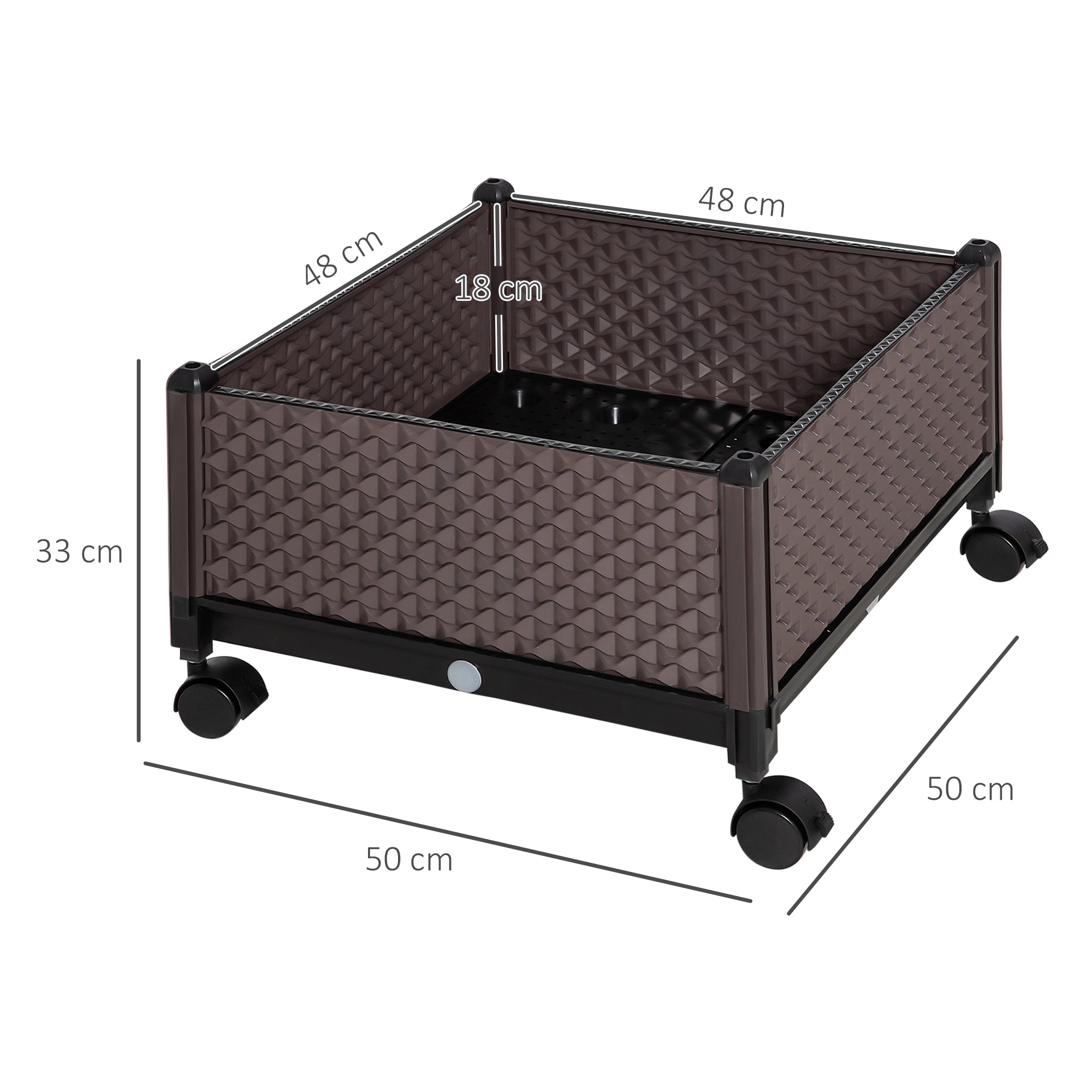 Plastic Wheeled Planter Garden Pot with Drainage Holes for Outdoor Plant Cultivation Patio Terrace 50x50x33 cm Brown