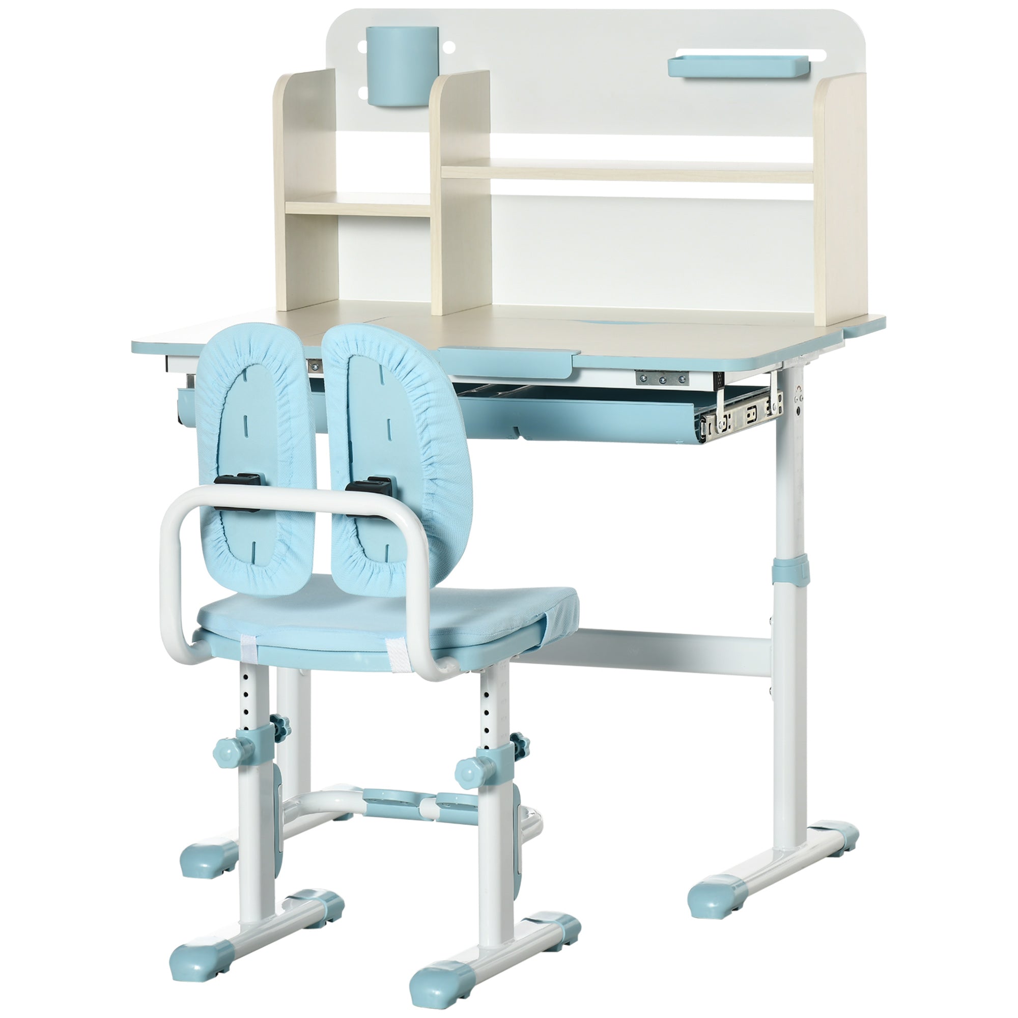 Kids School Desk with Chair for 3-12 Years Adjustable Height, Kids Desk with Tiltable Top and Padded Cushions, Steel and MDF, Blue