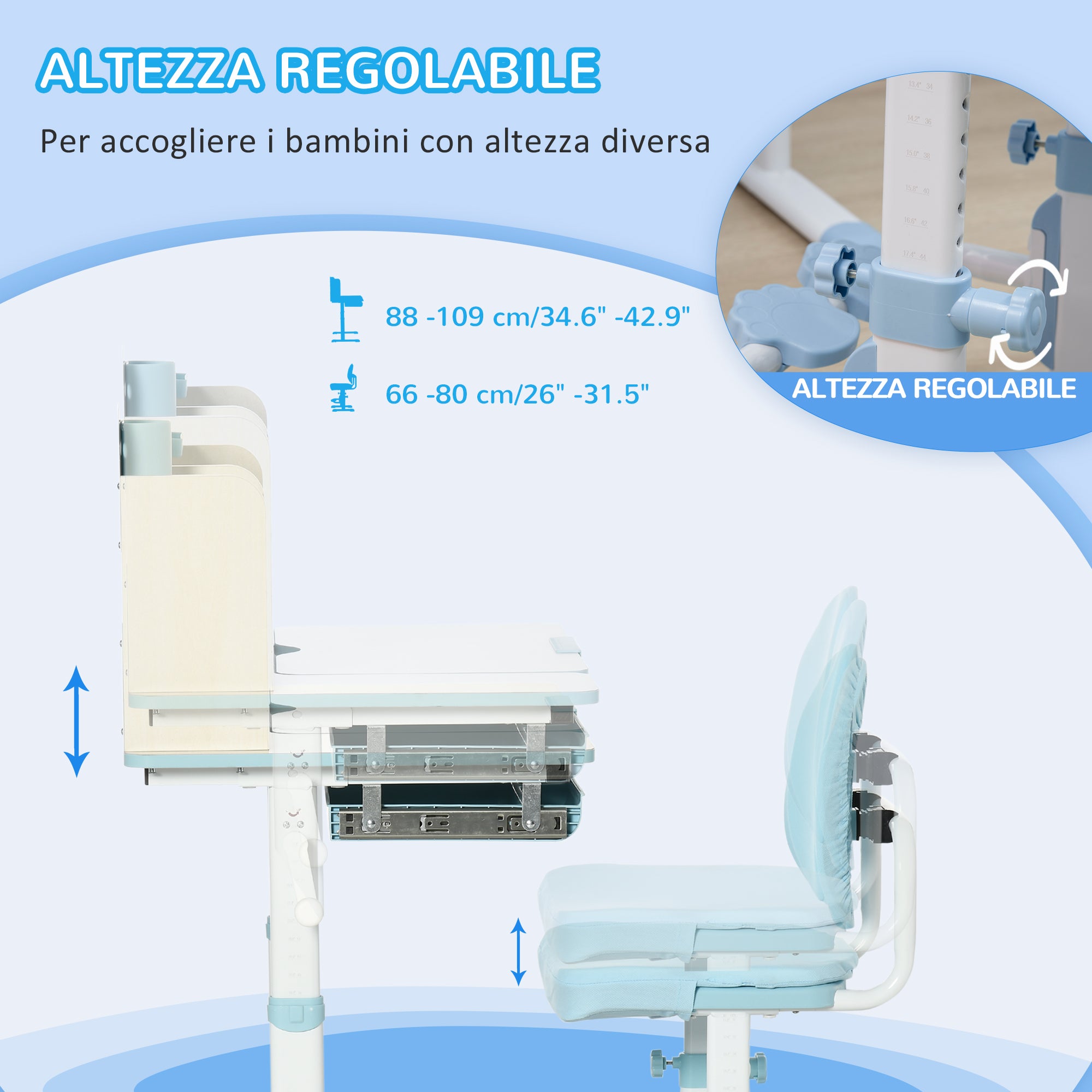 Kids School Desk with Chair for 3-12 Years Adjustable Height, Kids Desk with Tiltable Top and Padded Cushions, Steel and MDF, Blue