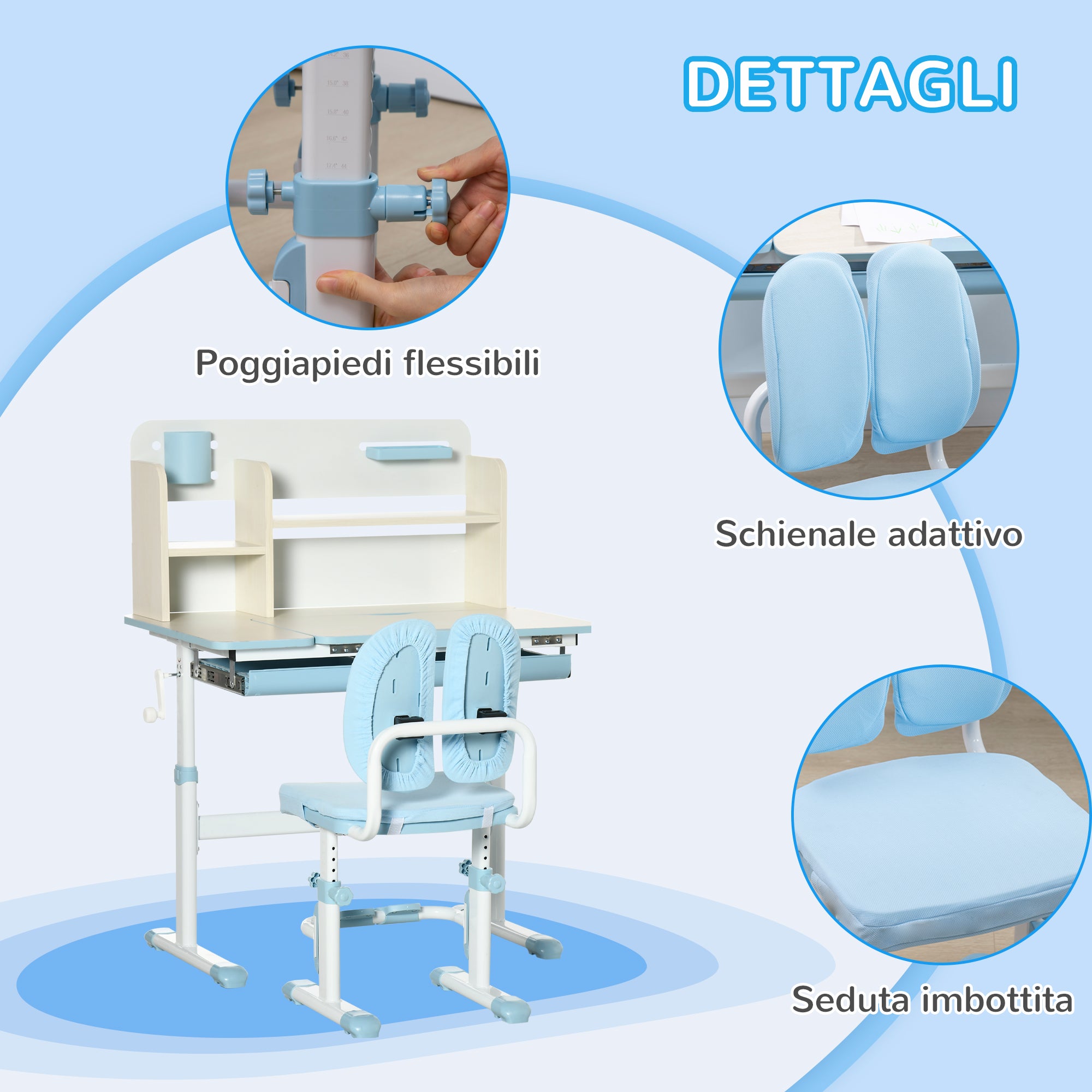 Kids School Desk with Chair for 3-12 Years Adjustable Height, Kids Desk with Tiltable Top and Padded Cushions, Steel and MDF, Blue