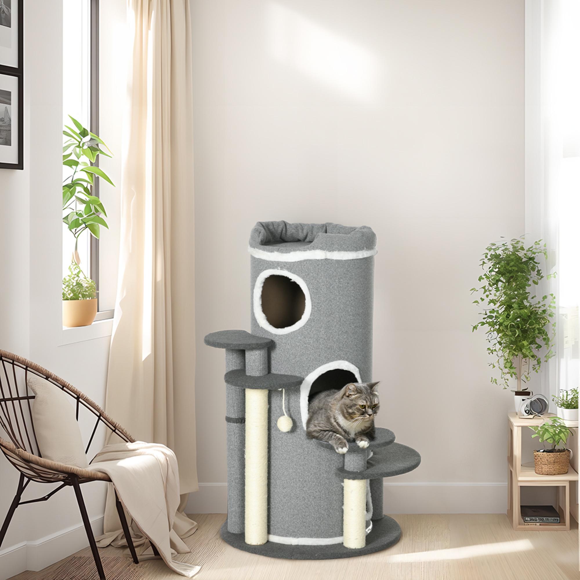 Cat Tree 99 cm Cat Tower with 3 Caves, Play Ball, Sisal Posts, Platform, Multi-Level Cat Scratching Post, Climbing Tree, for Medium Cats, Gray