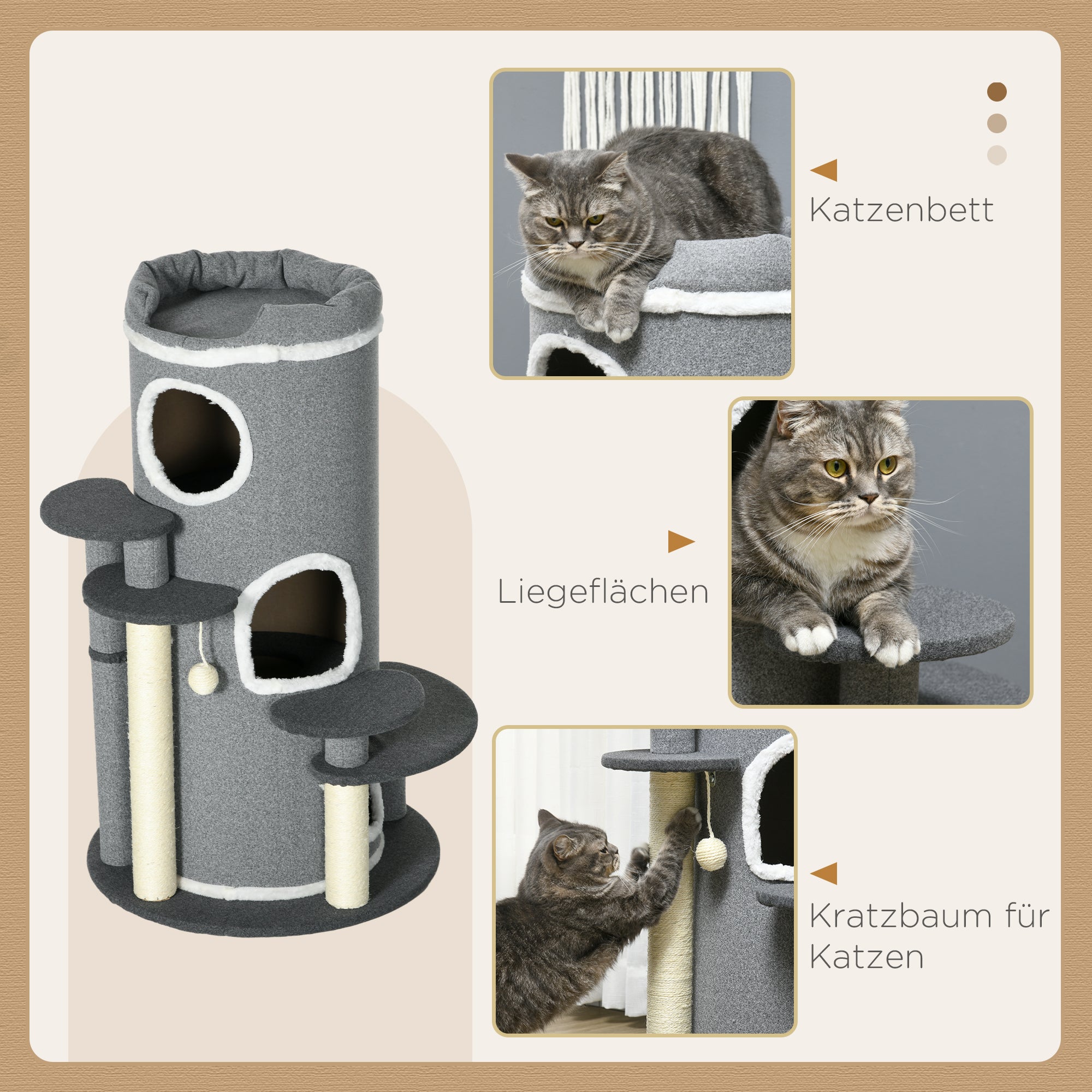Cat Tree 99 cm Cat Tower with 3 Caves, Play Ball, Sisal Posts, Platform, Multi-Level Cat Scratching Post, Climbing Tree, for Medium Cats, Gray