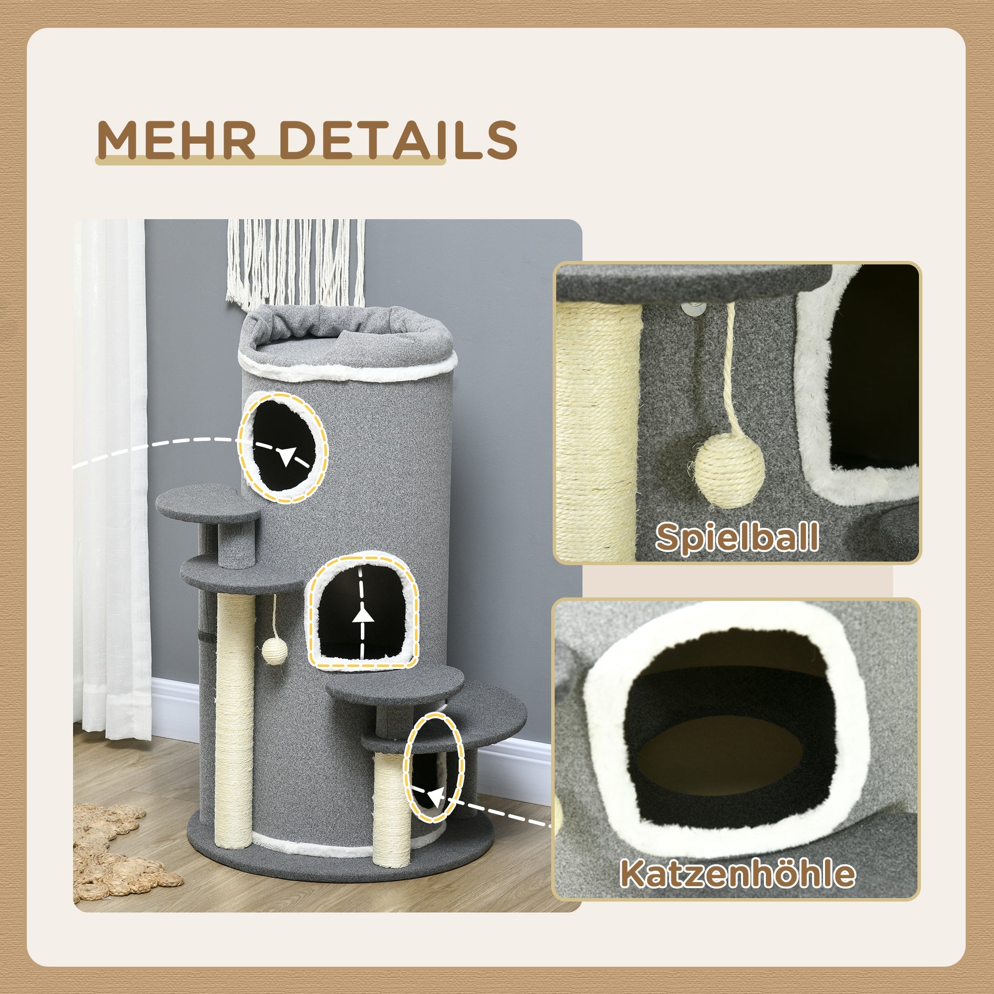 Cat Tree 99 cm Cat Tower with 3 Caves, Play Ball, Sisal Posts, Platform, Multi-Level Cat Scratching Post, Climbing Tree, for Medium Cats, Gray