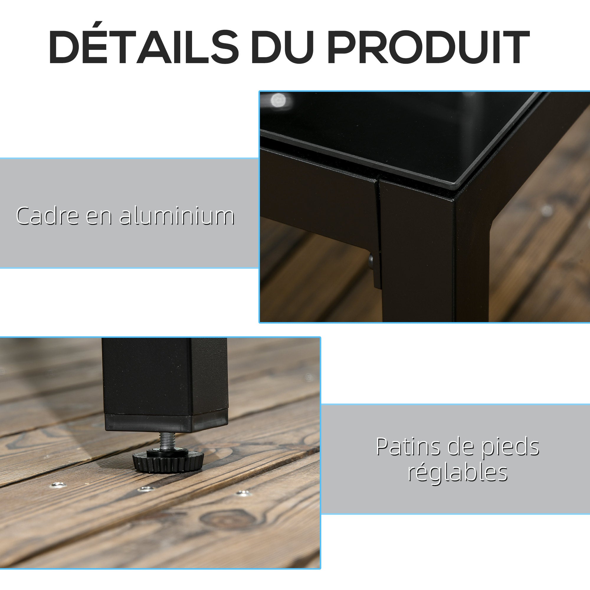 Rectangular Garden Table Outdoor Dining Table for 8 People with Tempered Glass Top and Aluminum Frame 180 x 80 x 72 cm Black