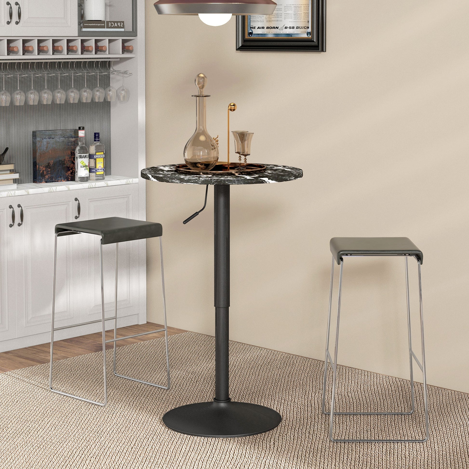 Bar Table Standing Table Round Dining Table for 2 People, Kitchen Table with Marble Look for Living Room, Dining Room, Small Spaces, Black, Ø60 x 68-93.5cm