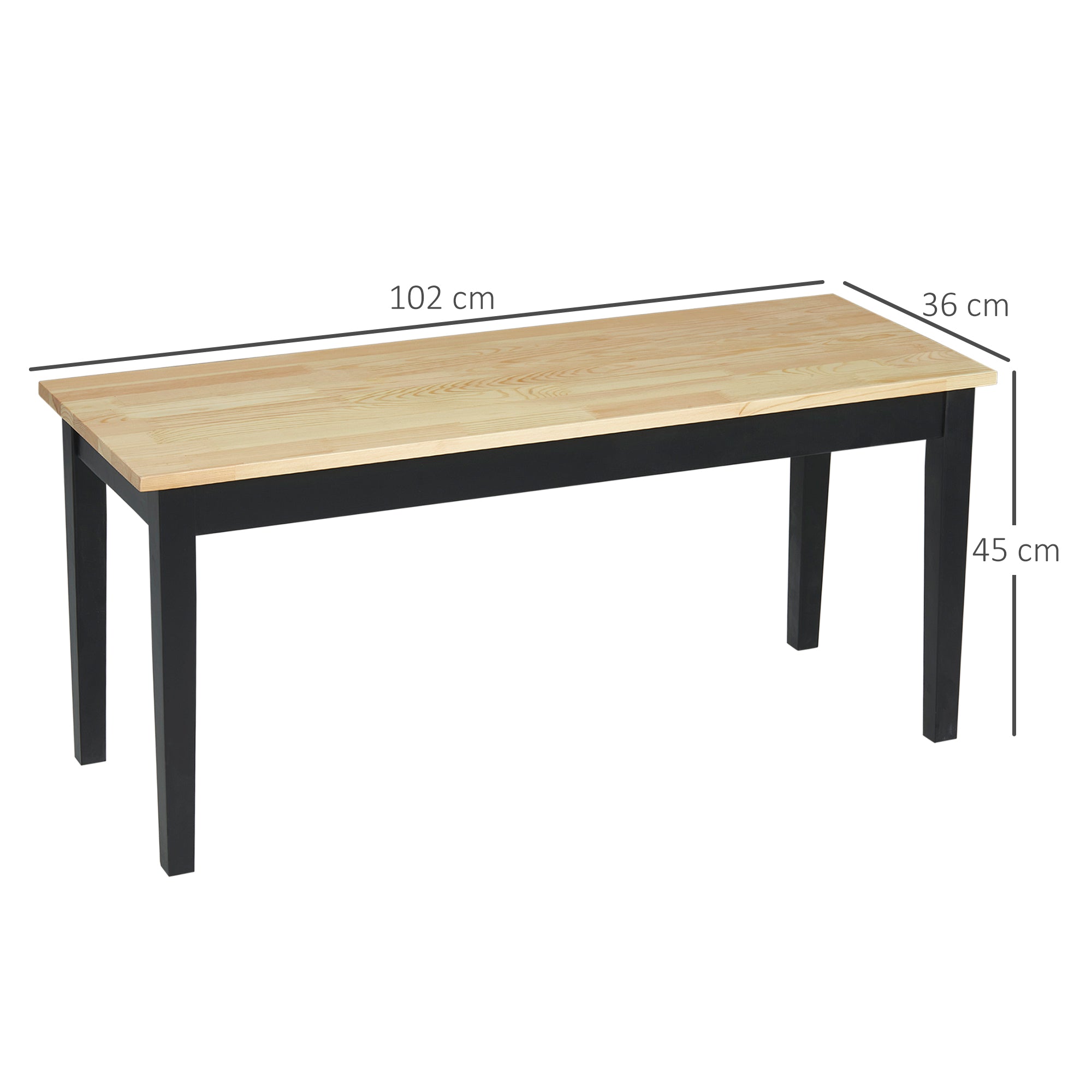 2-Seater Wooden Bench, Kitchen Bench Living Room Bench for Kitchen, Entrance, up to 220 kg Load Capacity, Pine Wood, Natural+Black, 102 x 36 x 45 cm
