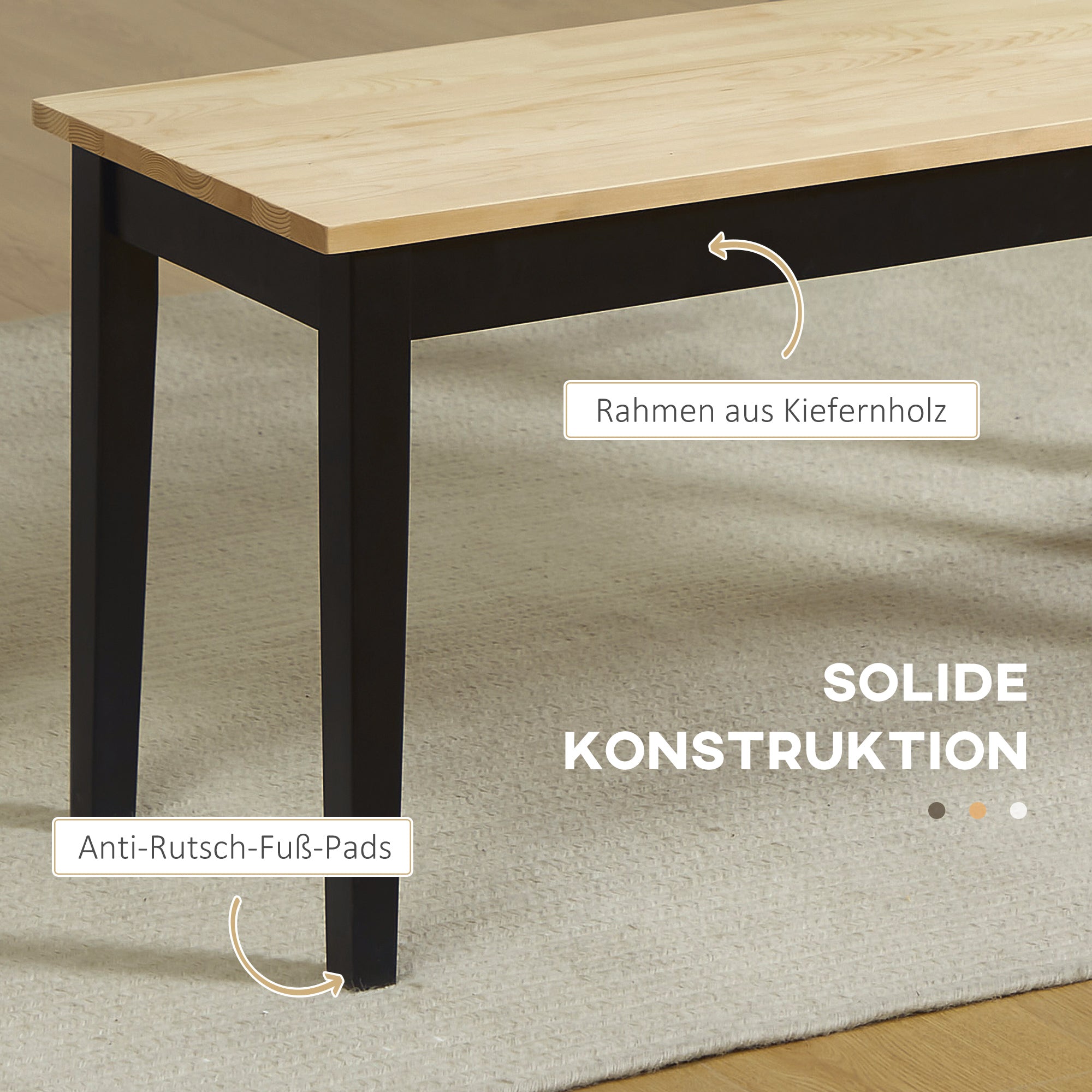 2-Seater Wooden Bench, Kitchen Bench Living Room Bench for Kitchen, Entrance, up to 220 kg Load Capacity, Pine Wood, Natural+Black, 102 x 36 x 45 cm