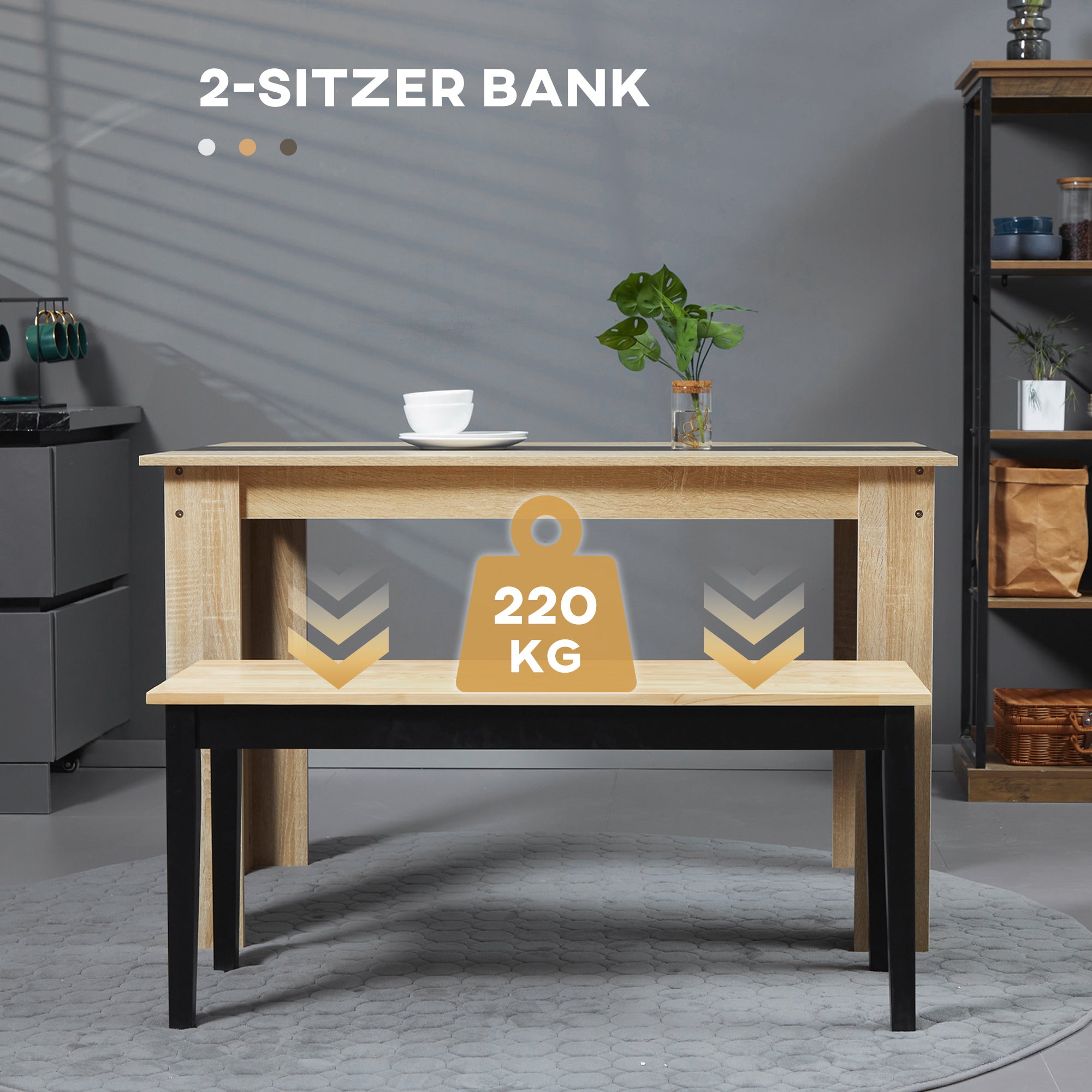 2-Seater Wooden Bench, Kitchen Bench Living Room Bench for Kitchen, Entrance, up to 220 kg Load Capacity, Pine Wood, Natural+Black, 102 x 36 x 45 cm