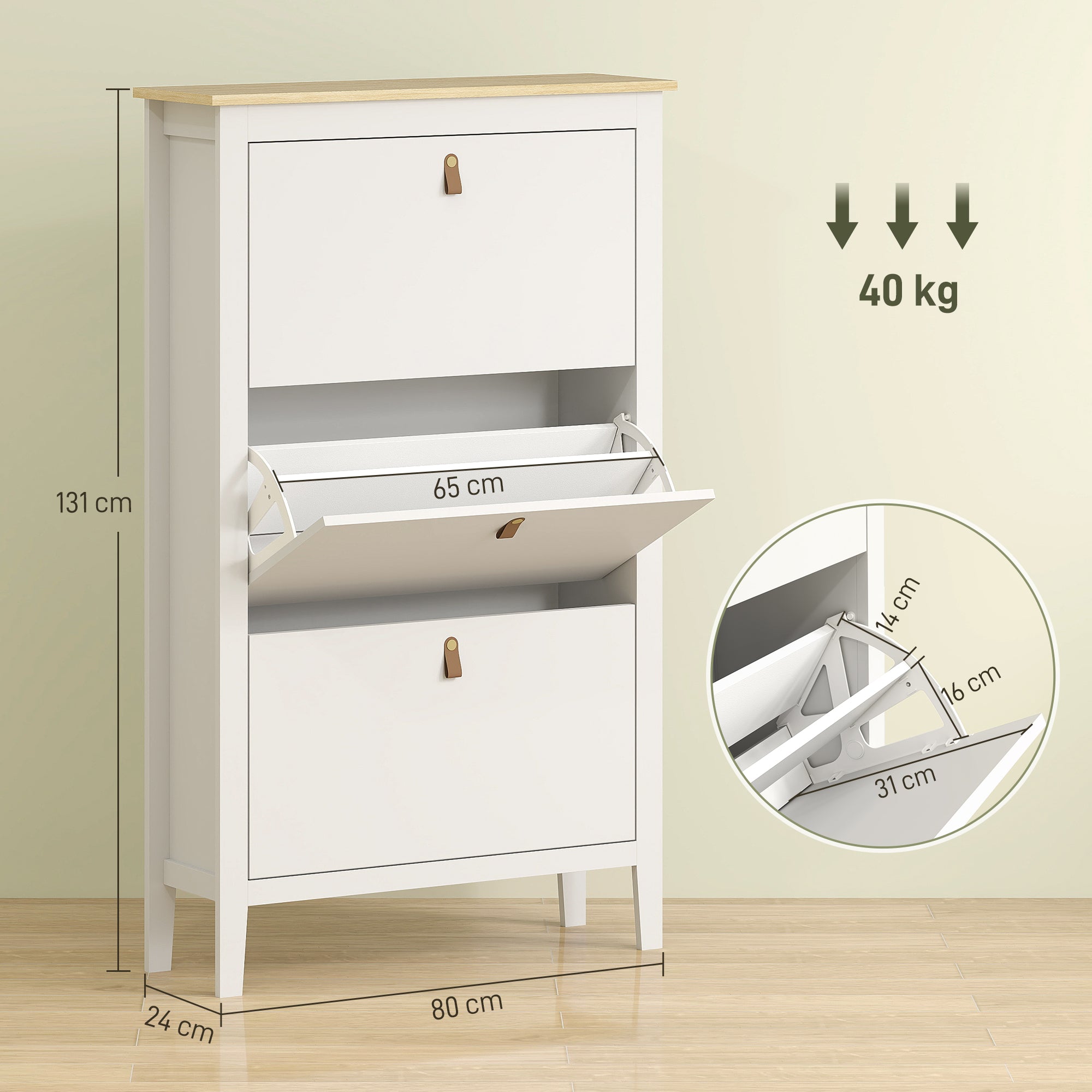 Narrow Shoe Cabinet Shoe Rack Entryway Hallway with 3 Foldable Drawers Adjustable Shelves and PU Handles for 21 Pairs of Shoes for Hallway 80x24x131 cm White