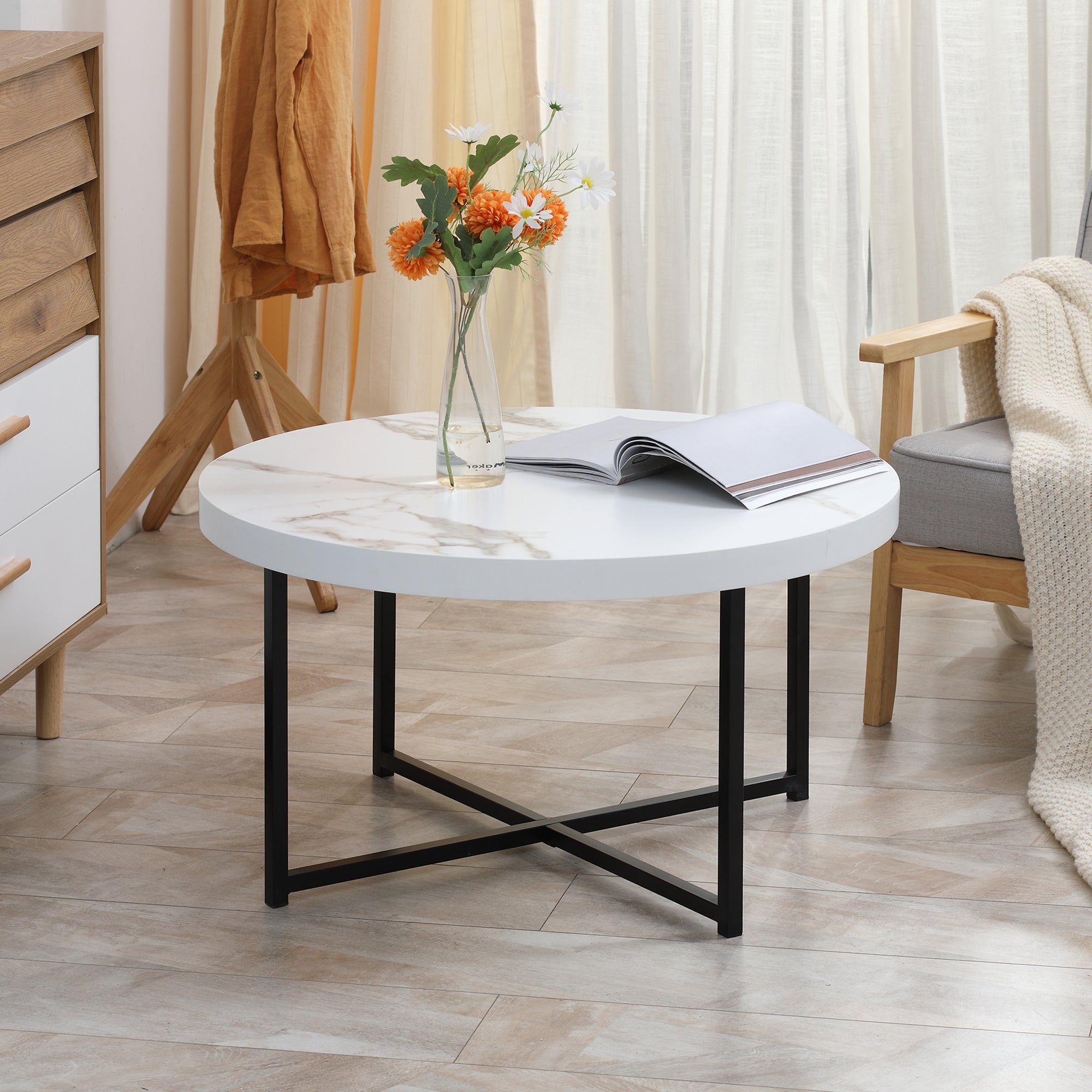 Round Coffee Table with Faux Marble Top and Metal Frame for Office Bedroom Dining Room Modern Style 80x80x45 cm White