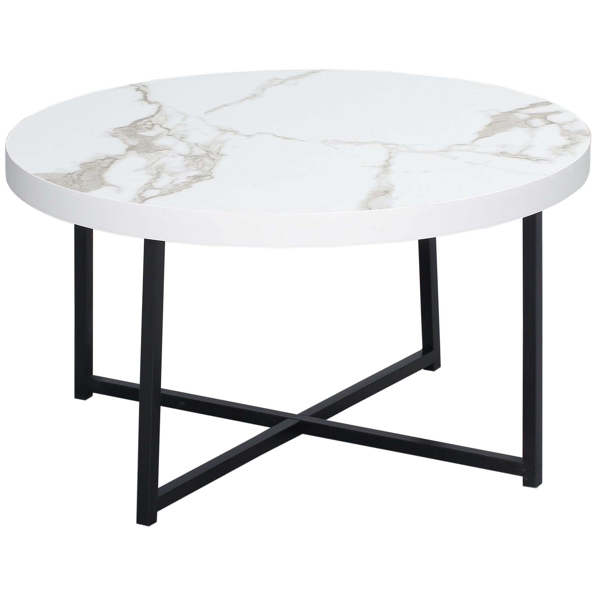 Round Coffee Table with Faux Marble Top and Metal Frame for Office Bedroom Dining Room Modern Style 80x80x45 cm White