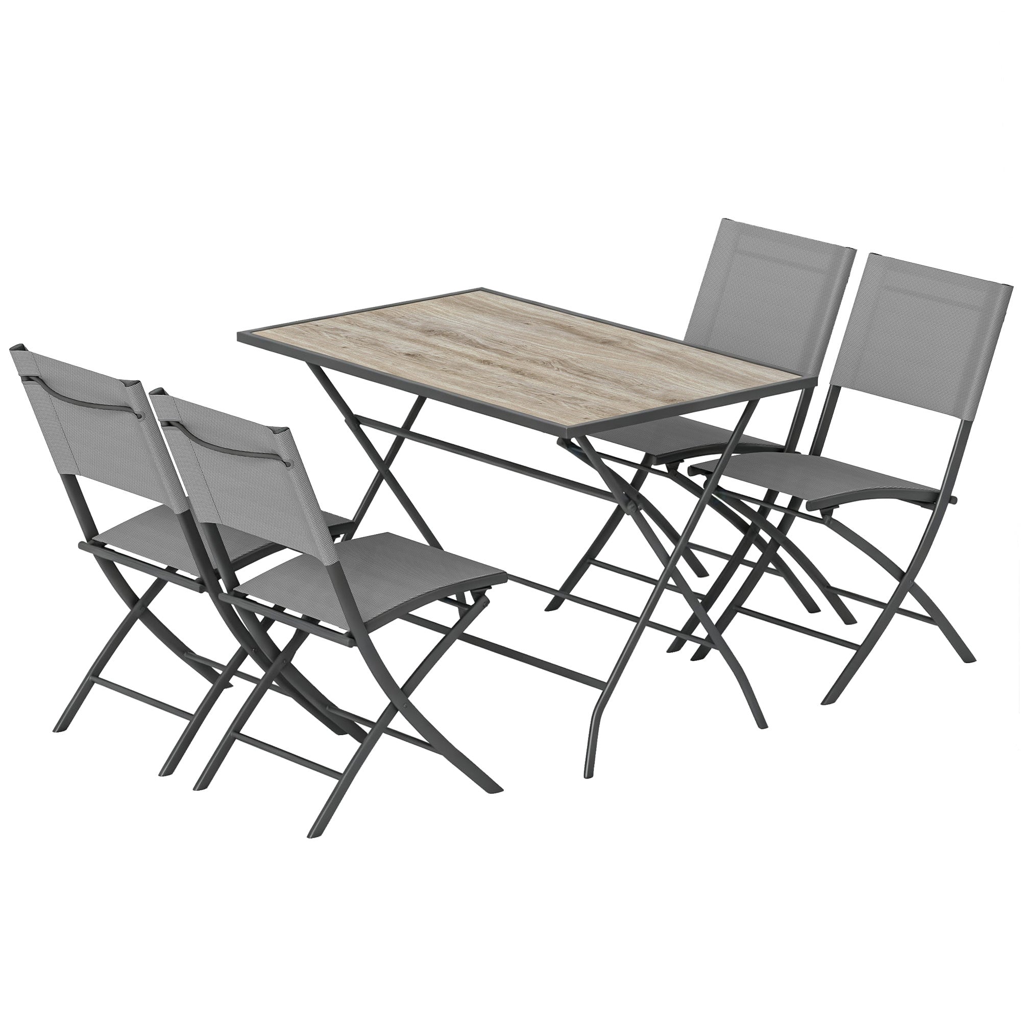 5-Piece Folding Garden Dining Set – Gray Wood-Look Table with 4 Breathable Mesh Chairs, Space-Saving Weather-Resistant Patio Set