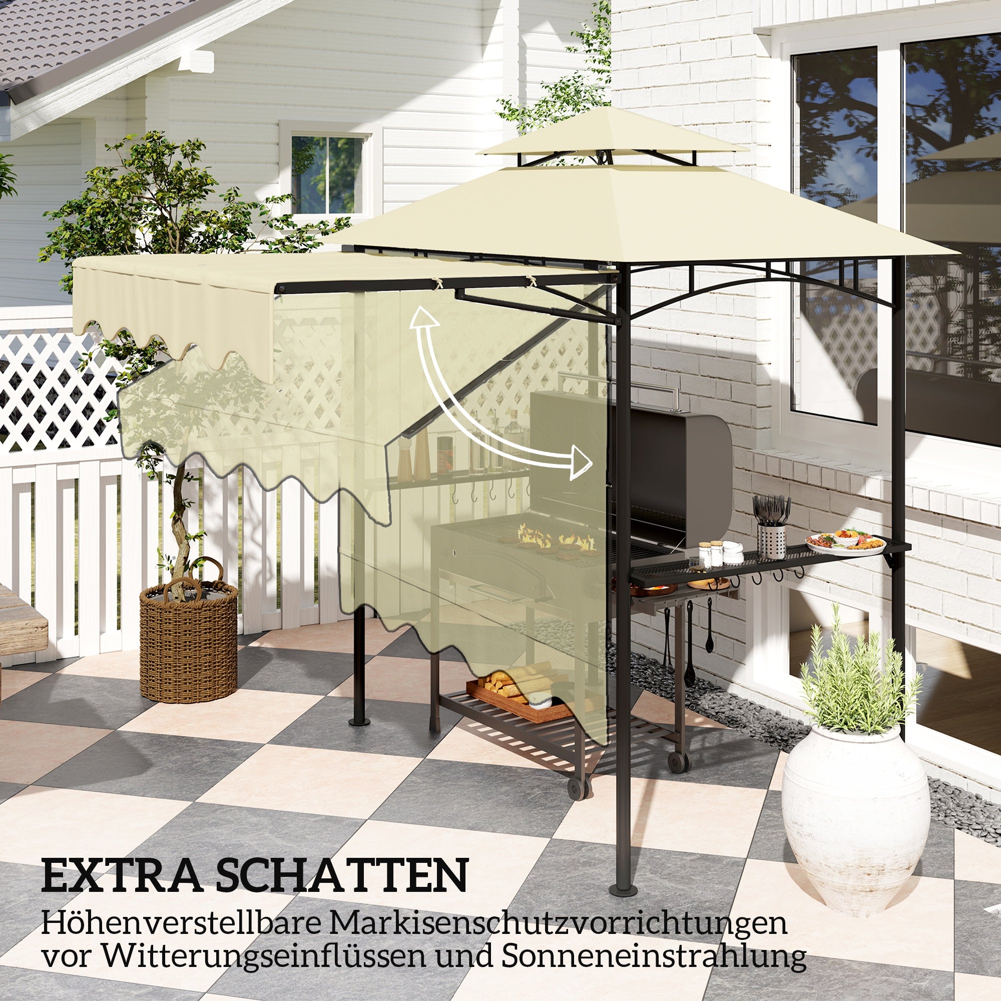 BBQ Gazebo Canopy — 7 ft 11 in x 4 ft 11 in x 8 ft 2 in, Fire-Resistant PA Roof, Double-Layer Top, Side Shelves, UV30+, Beige