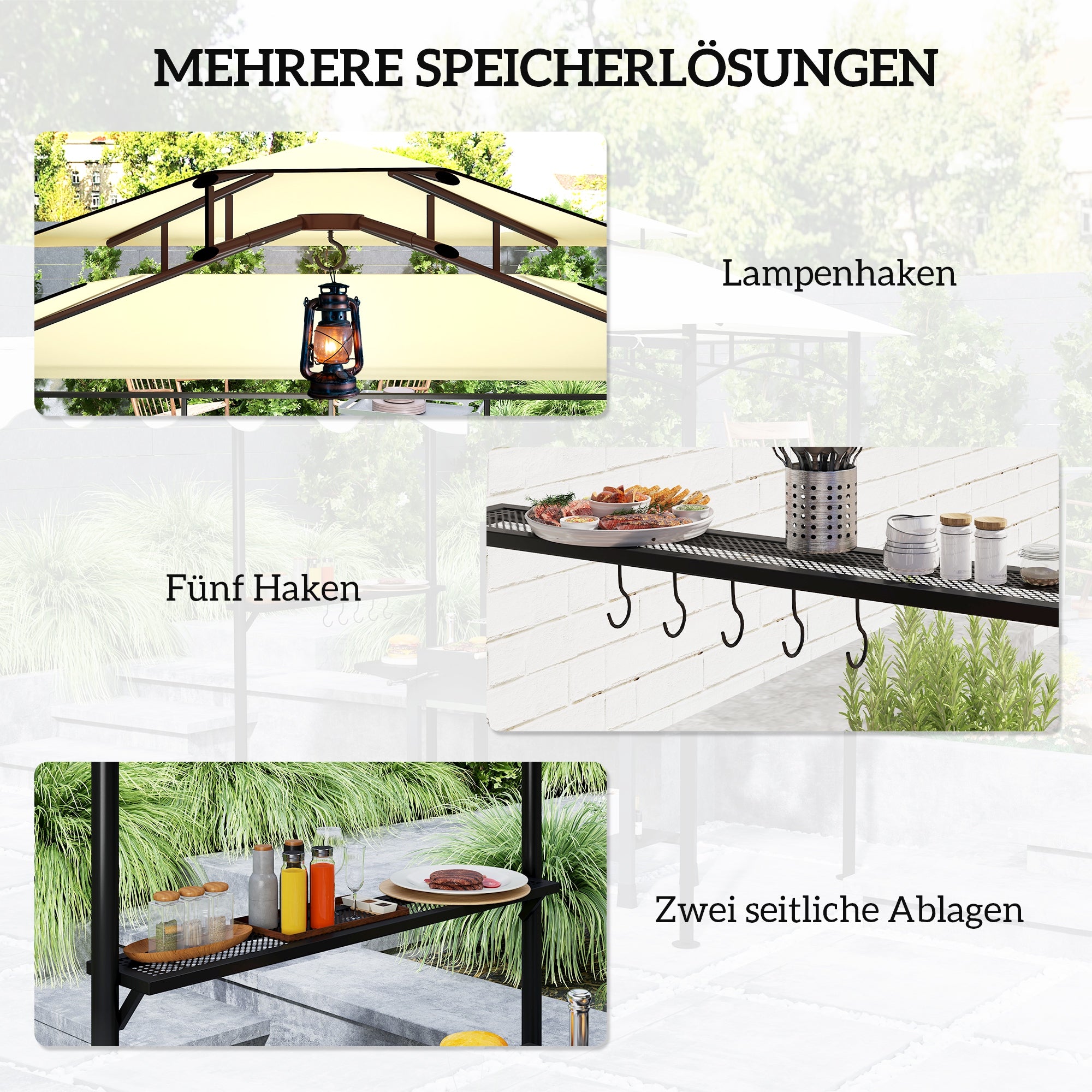 BBQ Gazebo Canopy — 7 ft 11 in x 4 ft 11 in x 8 ft 2 in, Fire-Resistant PA Roof, Double-Layer Top, Side Shelves, UV30+, Beige
