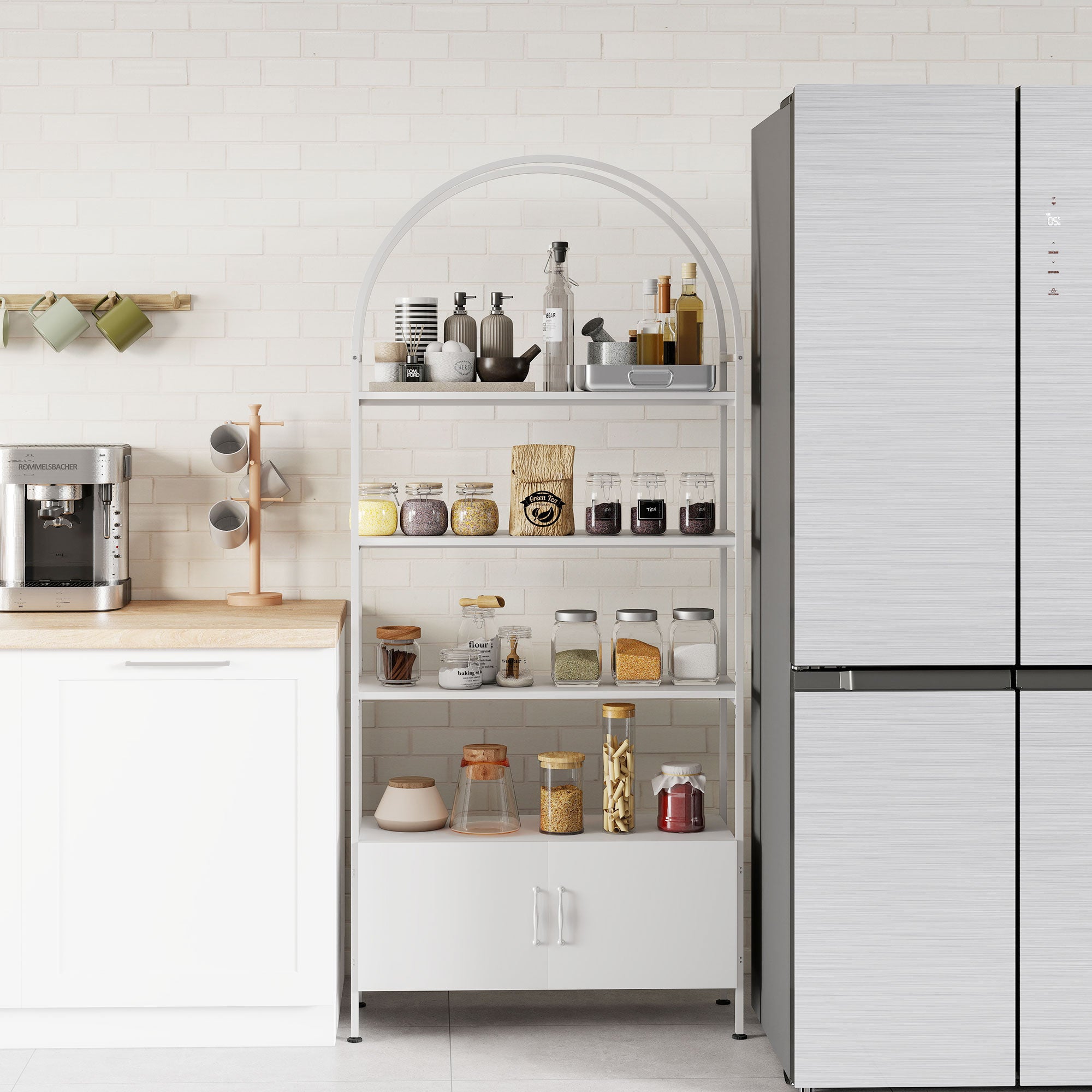 4-Tier Arched Storage Shelf with Double-Door Cabinet, Adjustable Feet, Steel Frame, for Office, Living Room, Bedroom — 80 x 30 x 187 cm (31.5 x 11.8 x 73.6 in), White