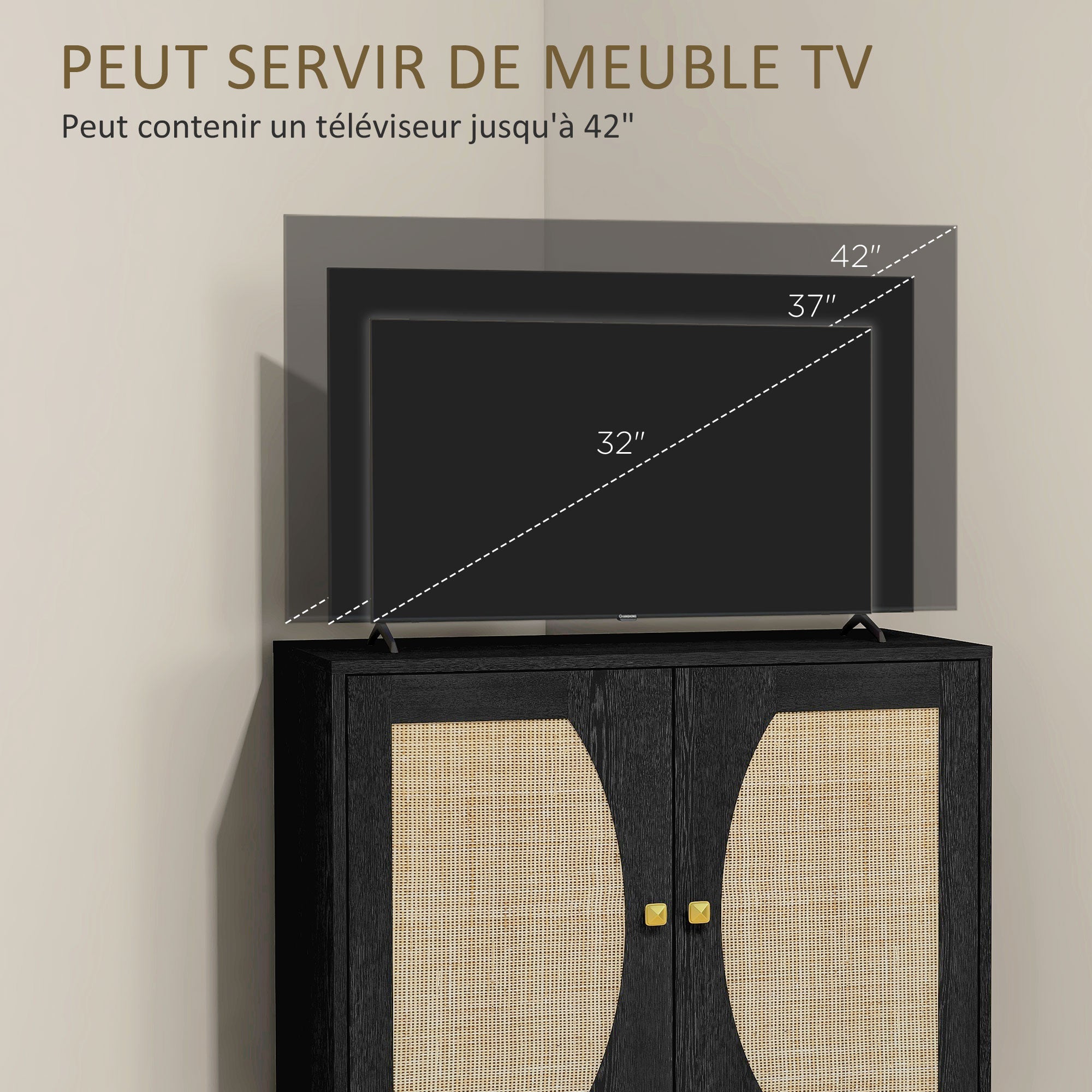 Bohemian Design Kitchen Buffet Storage Cabinet with Double Doors, 2 Levels, Rattan Front 80 x 38 x 79 cm Black