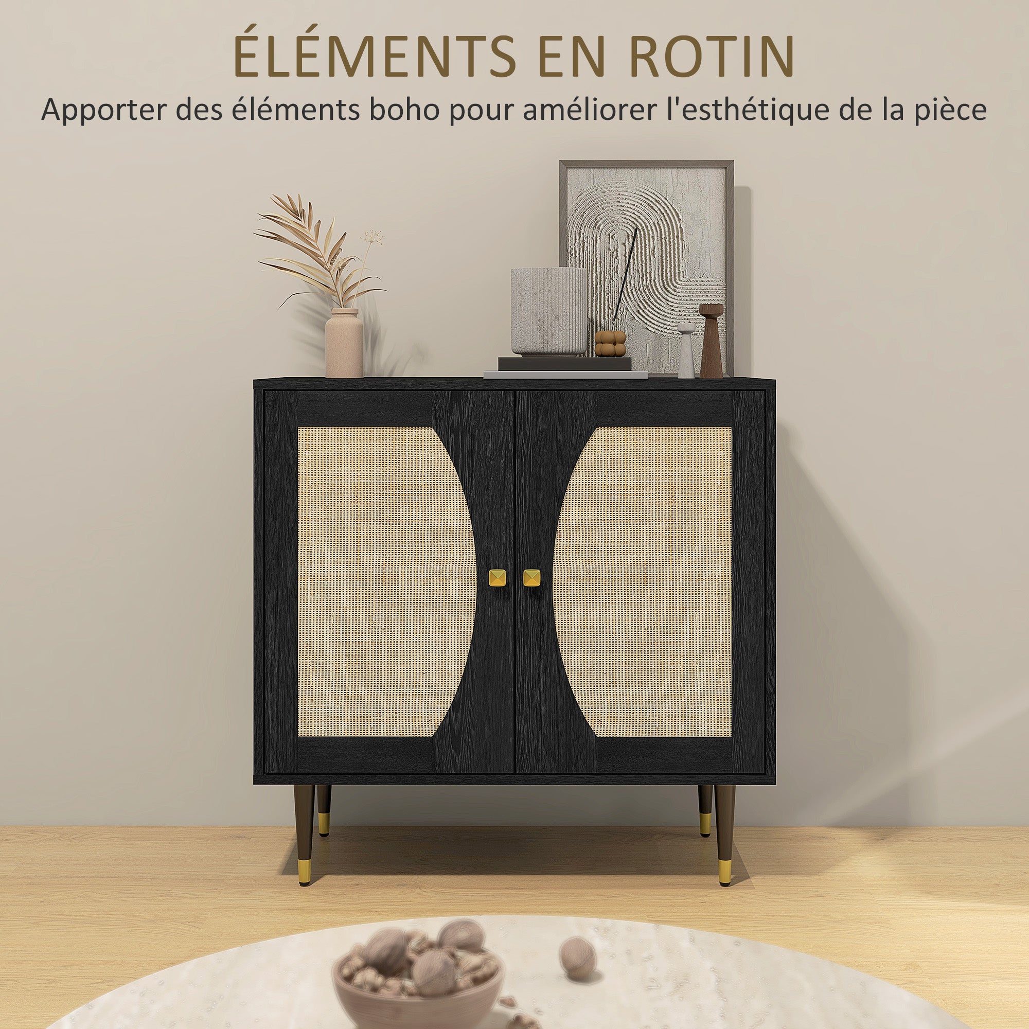 Bohemian Design Kitchen Buffet Storage Cabinet with Double Doors, 2 Levels, Rattan Front 80 x 38 x 79 cm Black