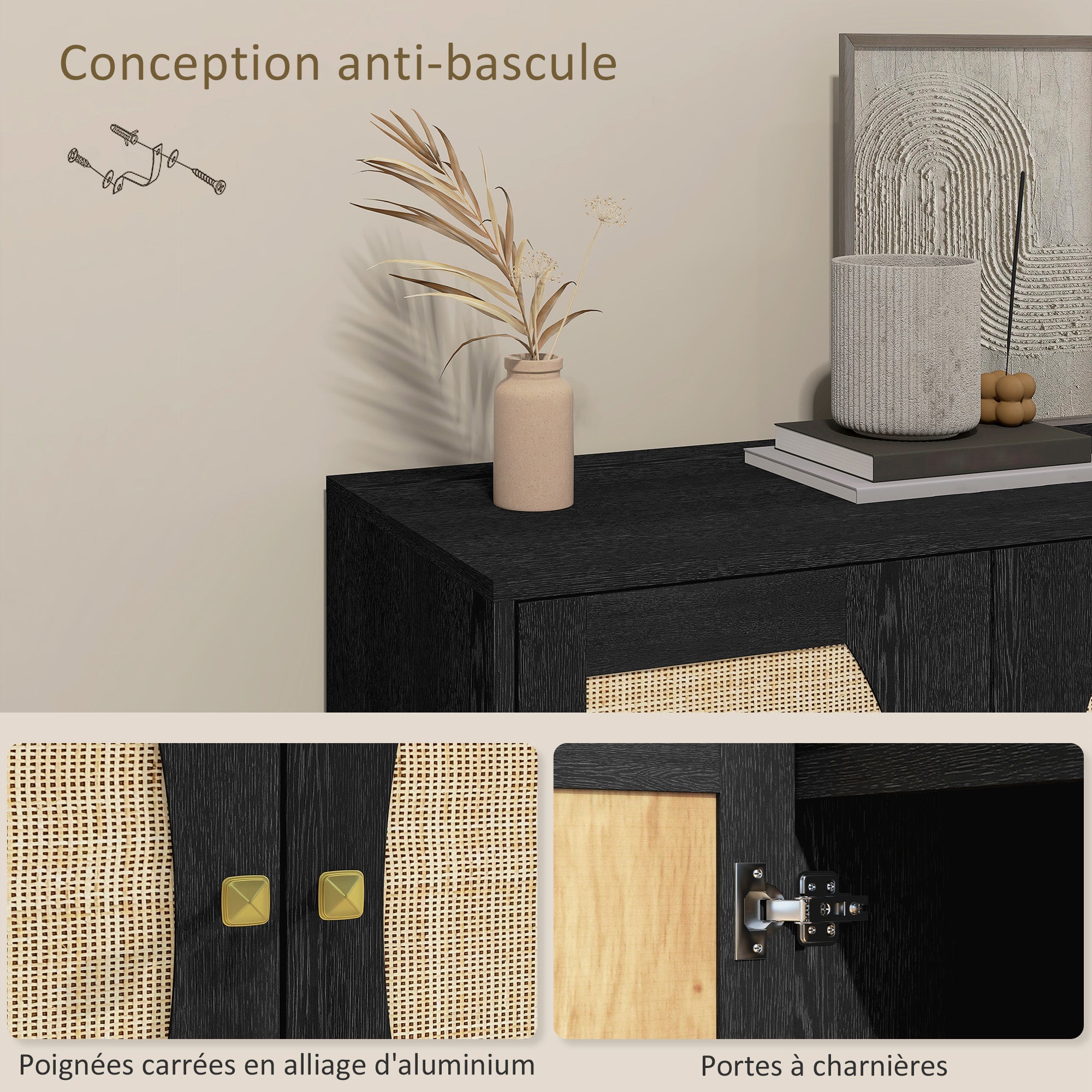 Bohemian Design Kitchen Buffet Storage Cabinet with Double Doors, 2 Levels, Rattan Front 80 x 38 x 79 cm Black