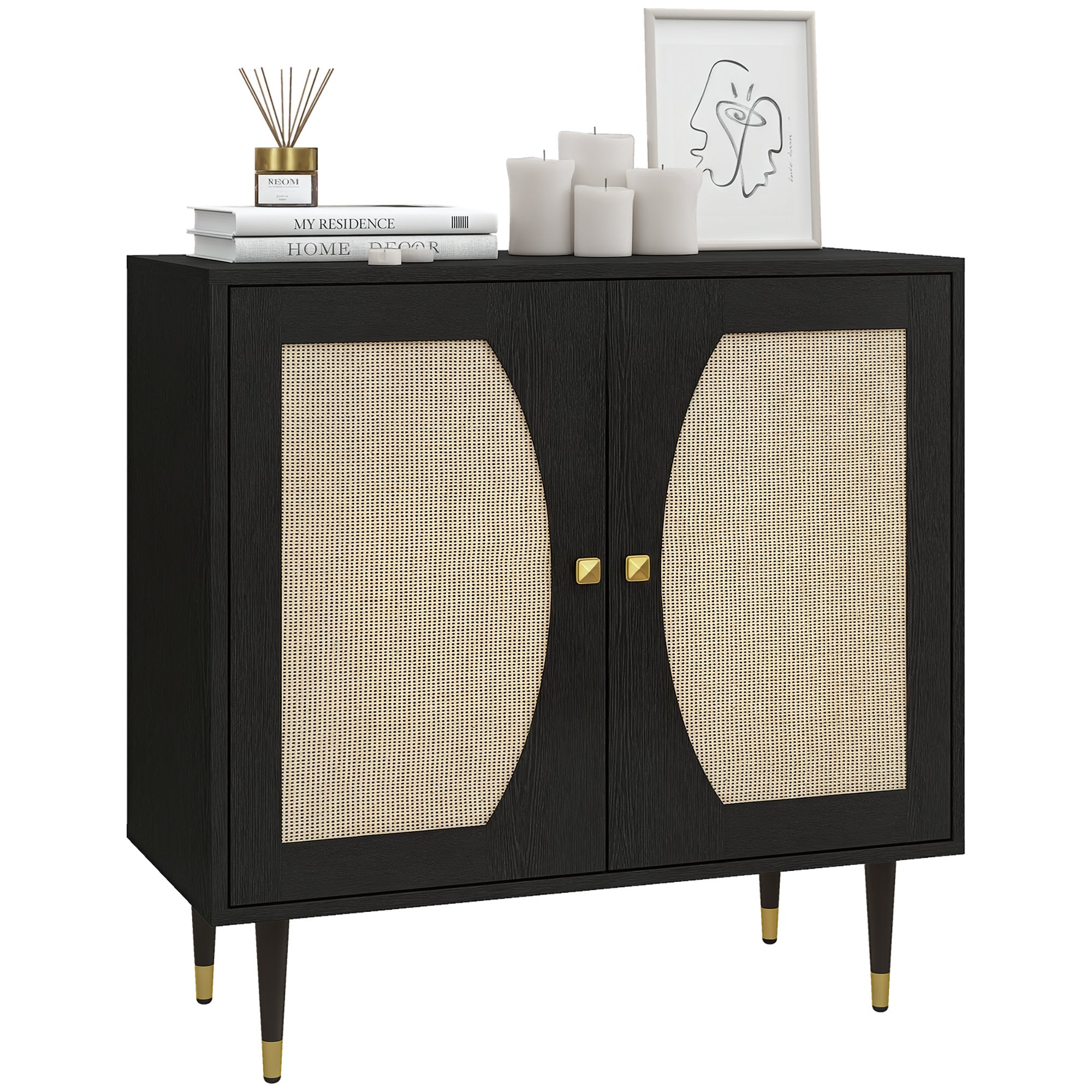 Bohemian Design Kitchen Buffet Storage Cabinet with Double Doors, 2 Levels, Rattan Front 80 x 38 x 79 cm Black