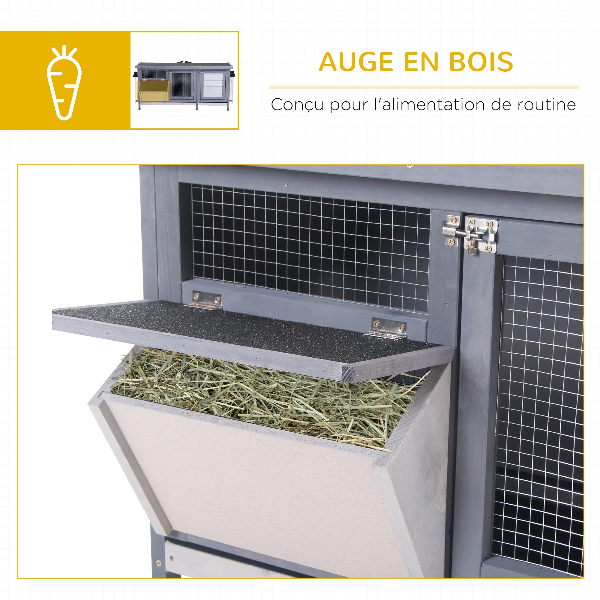 Raised Rabbit Hutch with Opening Bitumen Roof, 2 Lockable Doors, 2 Sliding Droppings Trays, Feeder, Fir Wood Treated, dim. 112L x 50W x 54H cm Gray and Black