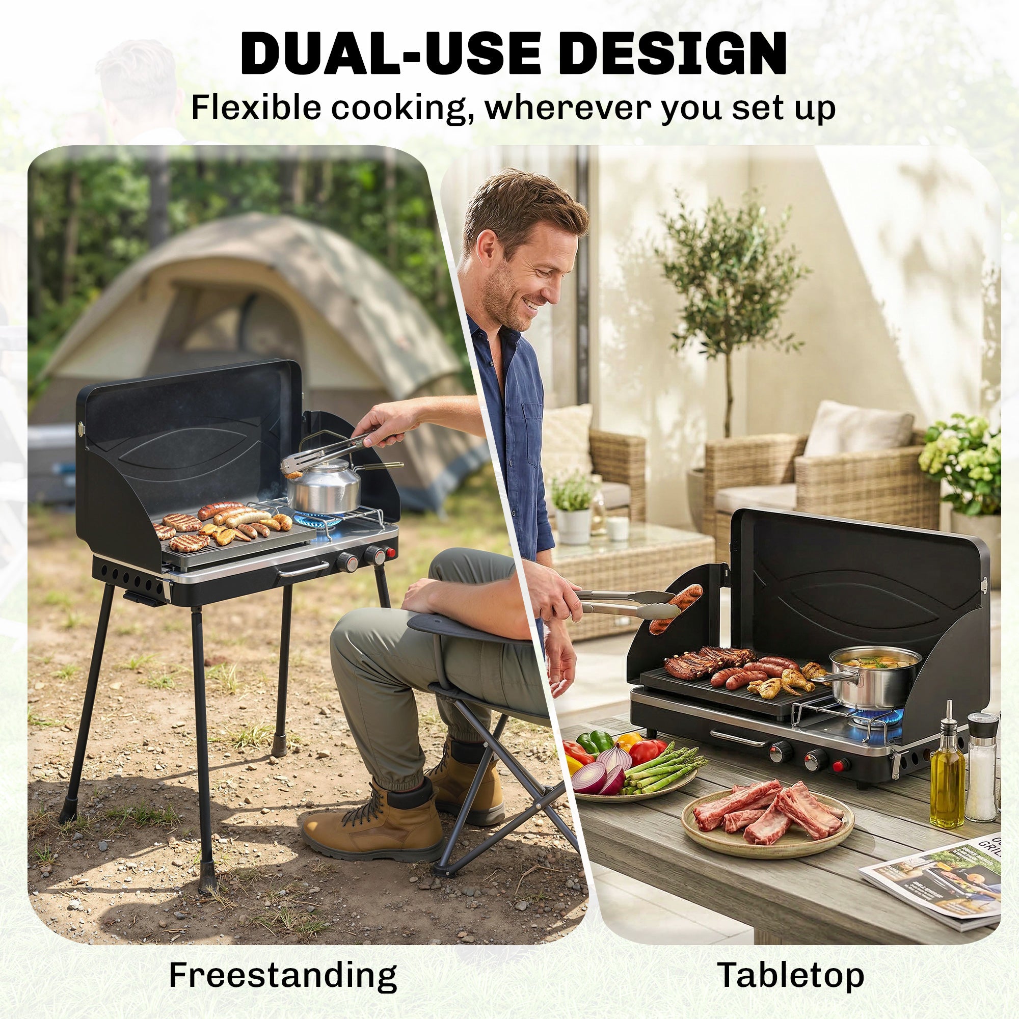 Portable 2-Burner Gas Grill — 2-in-1 Tabletop & Stand, 20,000 BTU, Folding Legs, Nonstick Griddle, Windshield & Lid Latch — Camping BBQ